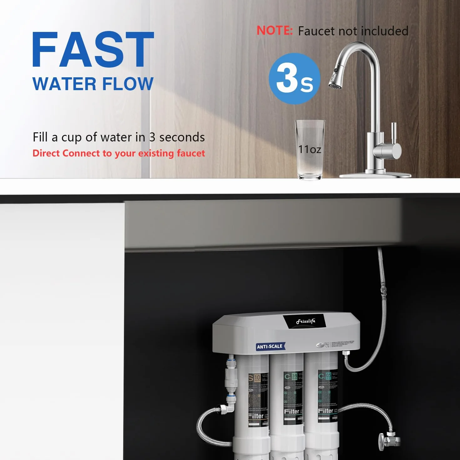 Frizzlife SK99 podszafkowy system filtracji wody, 3-stopniowy filtr 0,5 mikrona, certyfikat NSF/ANSI 42&53