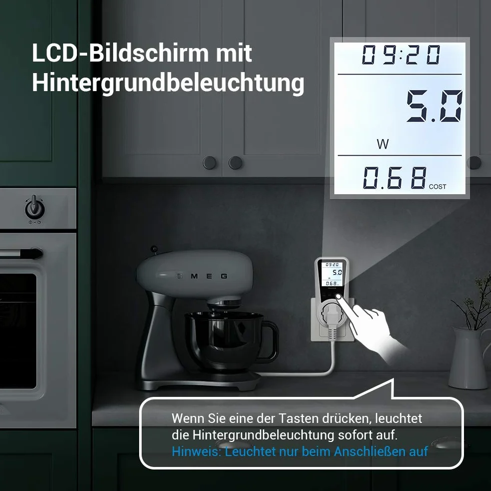 DEWENWILS Miernik energii elektrycznej do gniazda, 7 trybów, LCD, ochrona przed przeciążeniem