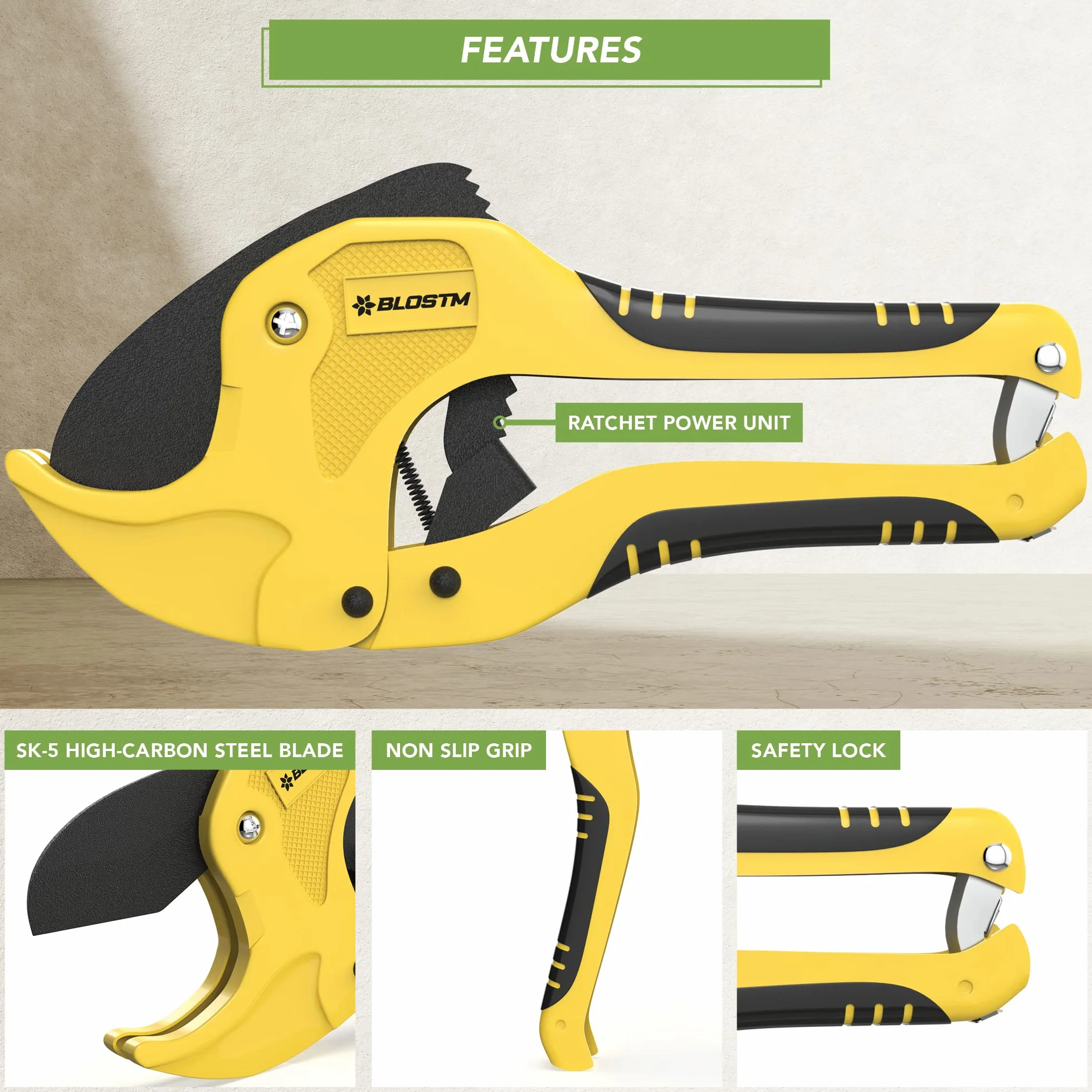 BLOSTM Obcinak do rur z tworzywa sztucznego 42 mm, nożyce z grzechotką do PVC, PEX, PPR