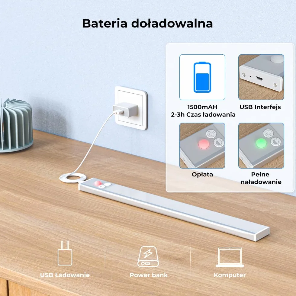 OUSFOT Oświetlenie Podszafkowe LED 30 cm Zestaw 2 z Czujnikiem Ruchu Ściemnialne Bezprzewodowe Ładowane USB Srebrne