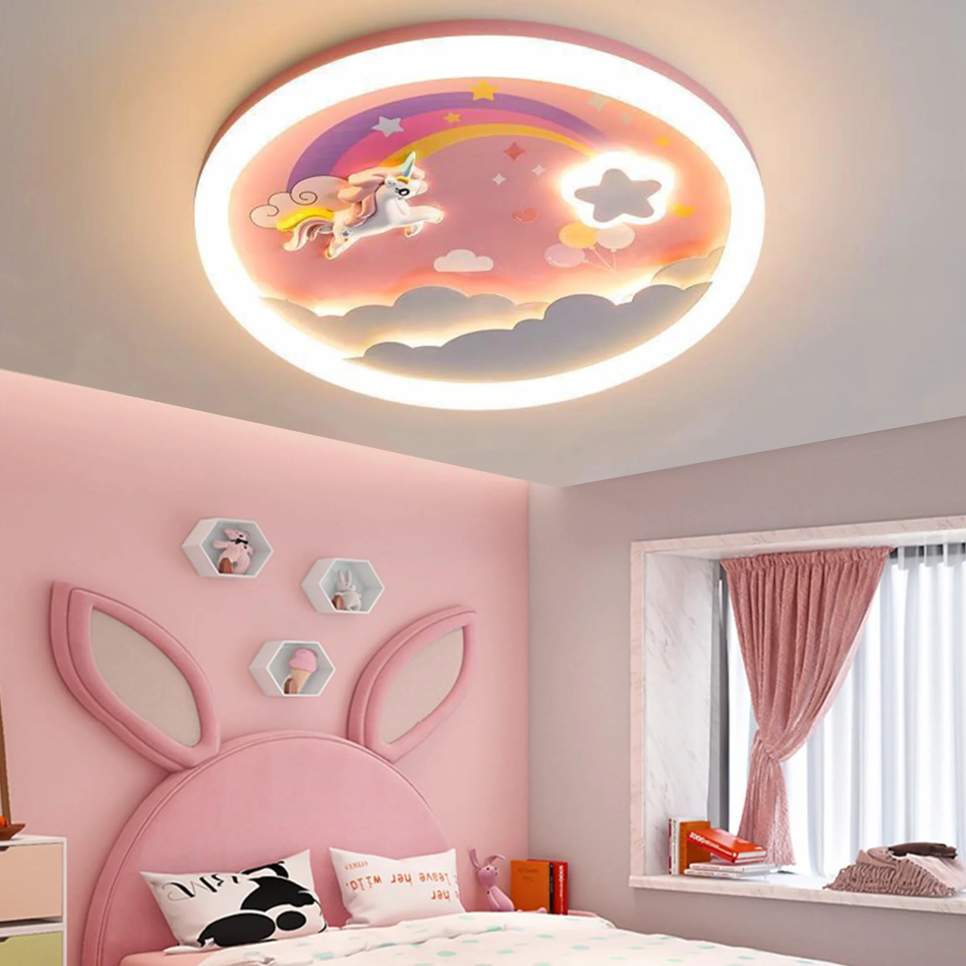 Lampa sufitowa LED Różowa lampa sufitowa Nowoczesna ściemnialna z pilotem Lampa sufitowa Jednorożec 70W Nadaje się do salonu Sypialnia Pokój dziecięcy Okrągłe oświetlenie