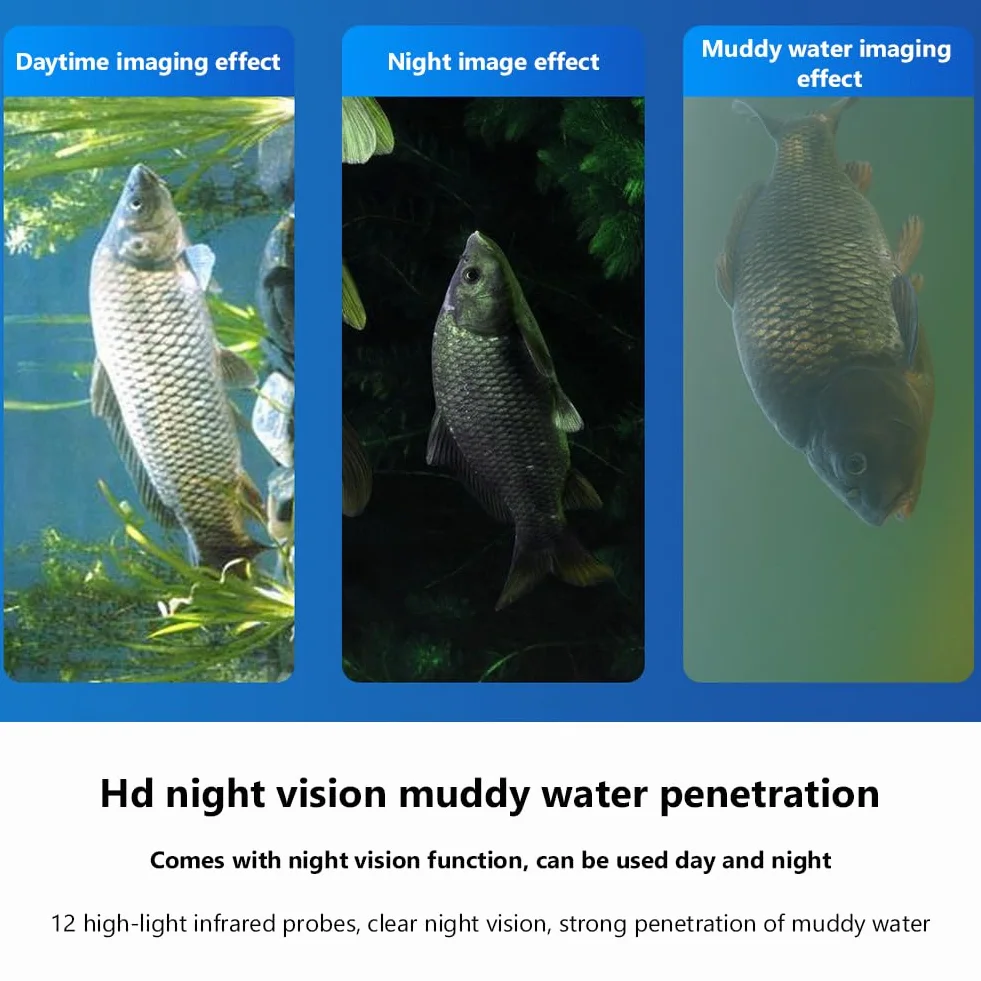Fish Finder, podwodna kamera wędkarska z dużym ekranem o przekątnej 4,3" i szerokim kątem 220 stopni, akumulator 10000 mAh, 12 wbudowanych sond o wysokiej wydajności