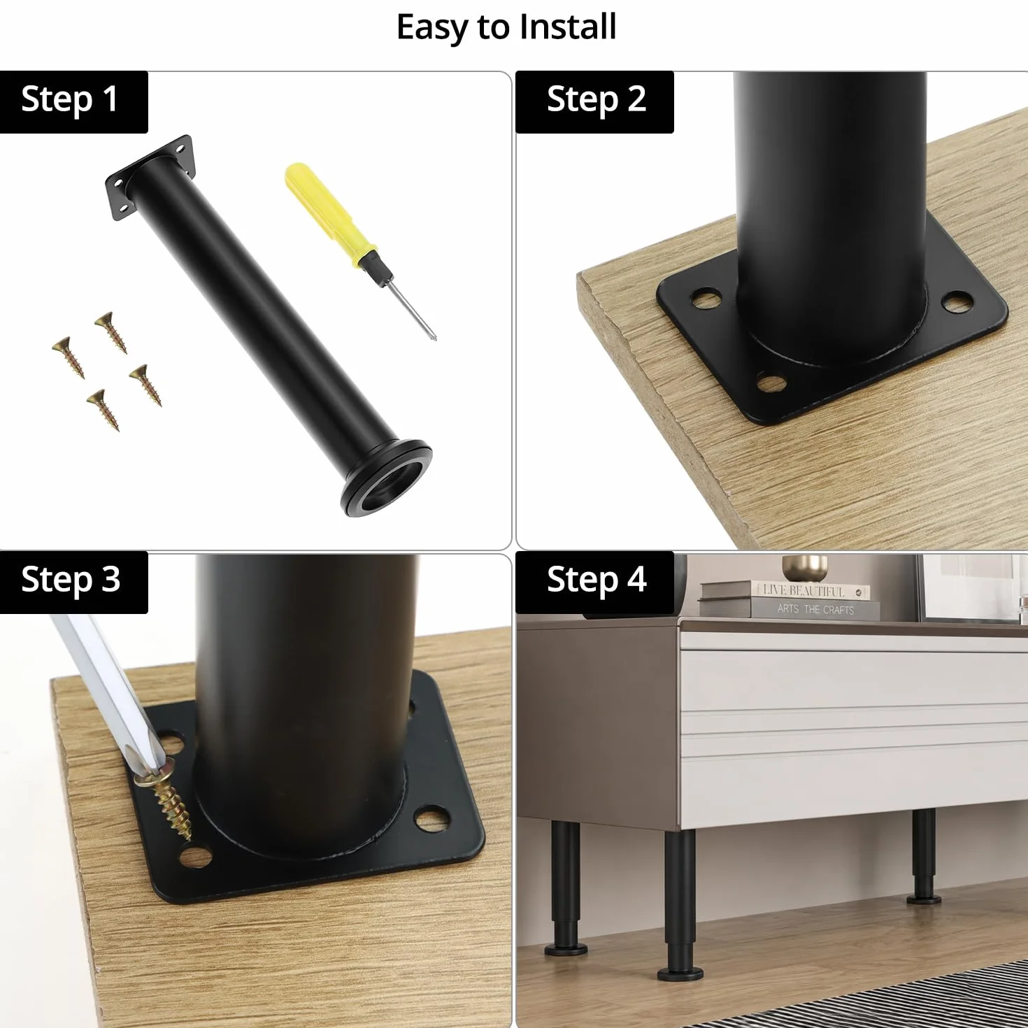 QWORK Zestaw 4 nóżek meblowych z regulacją wysokości 25-42 cm czarne