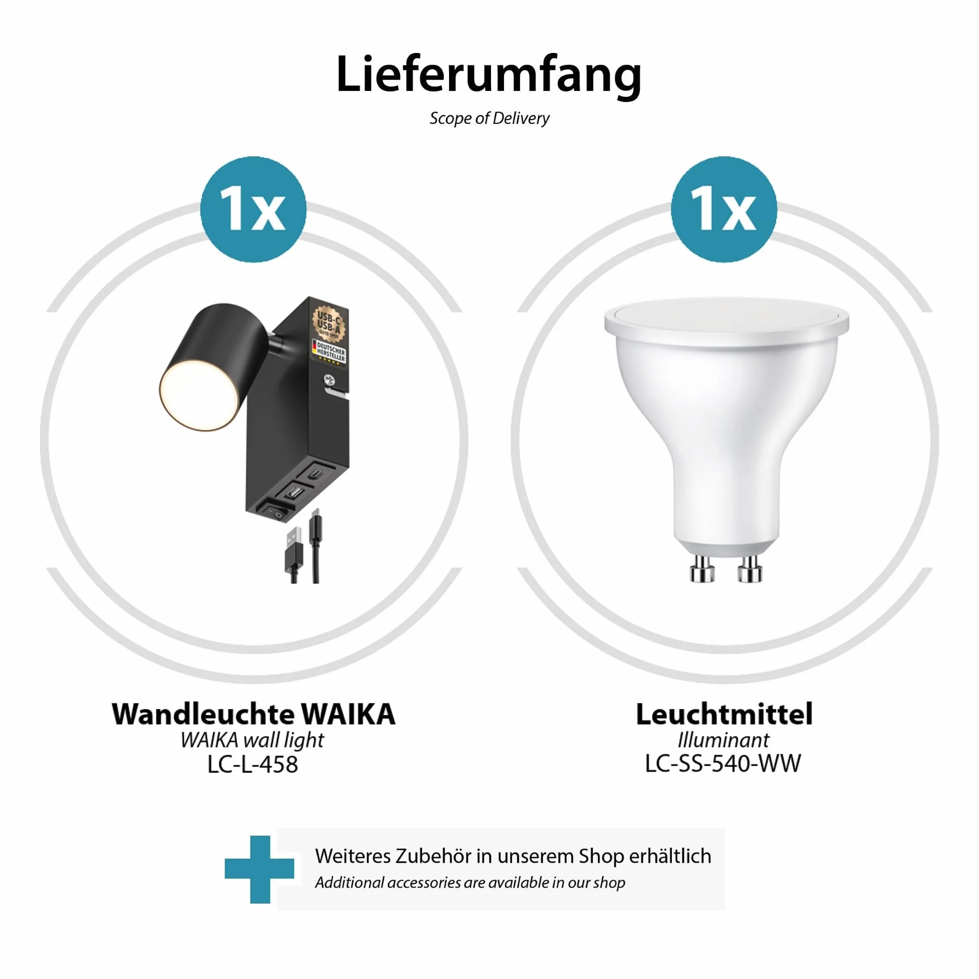 ledscom.de 2 sztuki Lampa ścienna WAIKA, 1-światło, czarna, USB-C, USB-A, z lampą LED GU10 450lm, ciepła biel