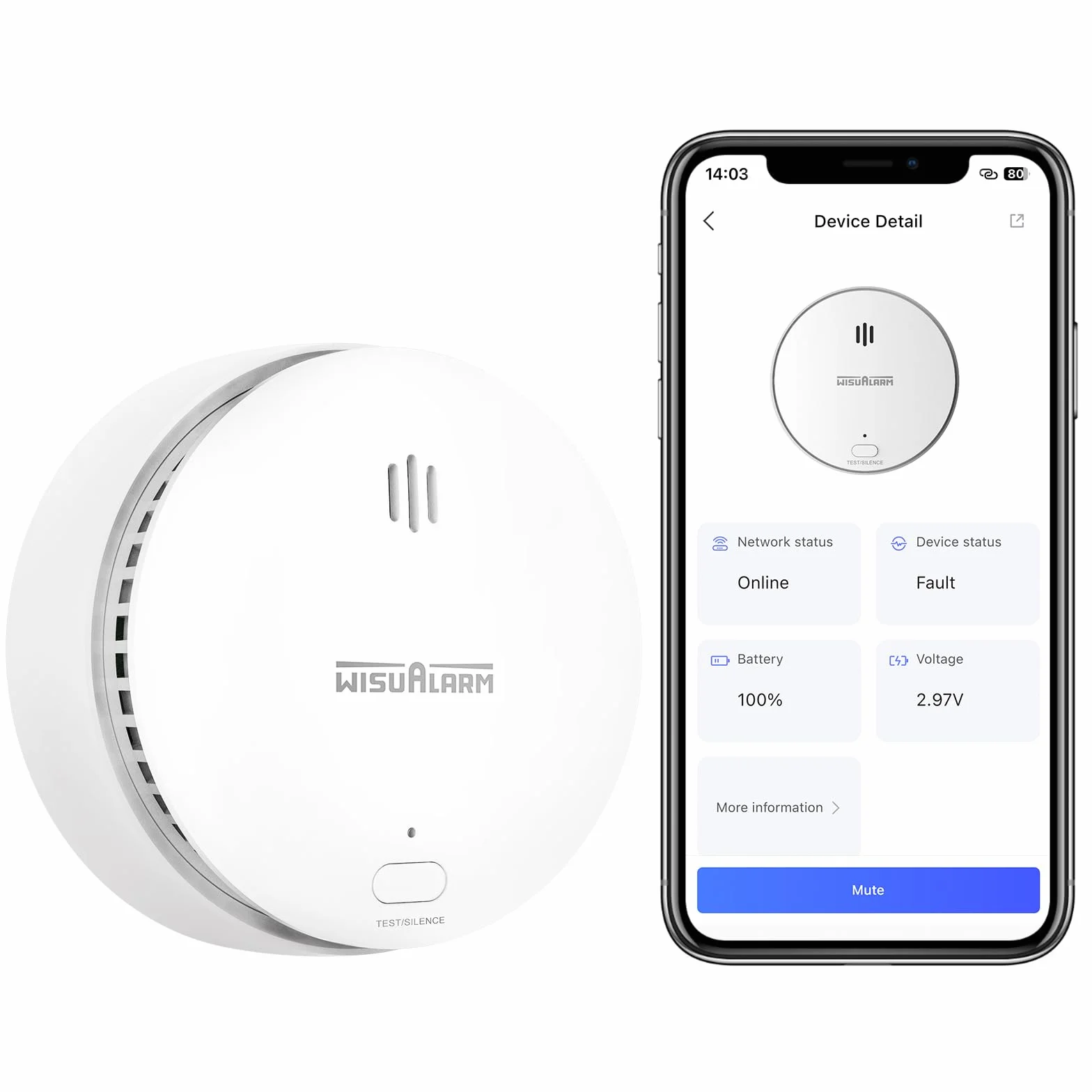 Czujnik dymu Wi-Fi Wisualarm, inteligentny czujnik dymu do domu z wymienną baterią, kompatybilny z aplikacją Wisualarm, czujnik dymu Wi-Fi z certyfikatem TÜV, zgodny z normą EN 14604 (1 sztuka)