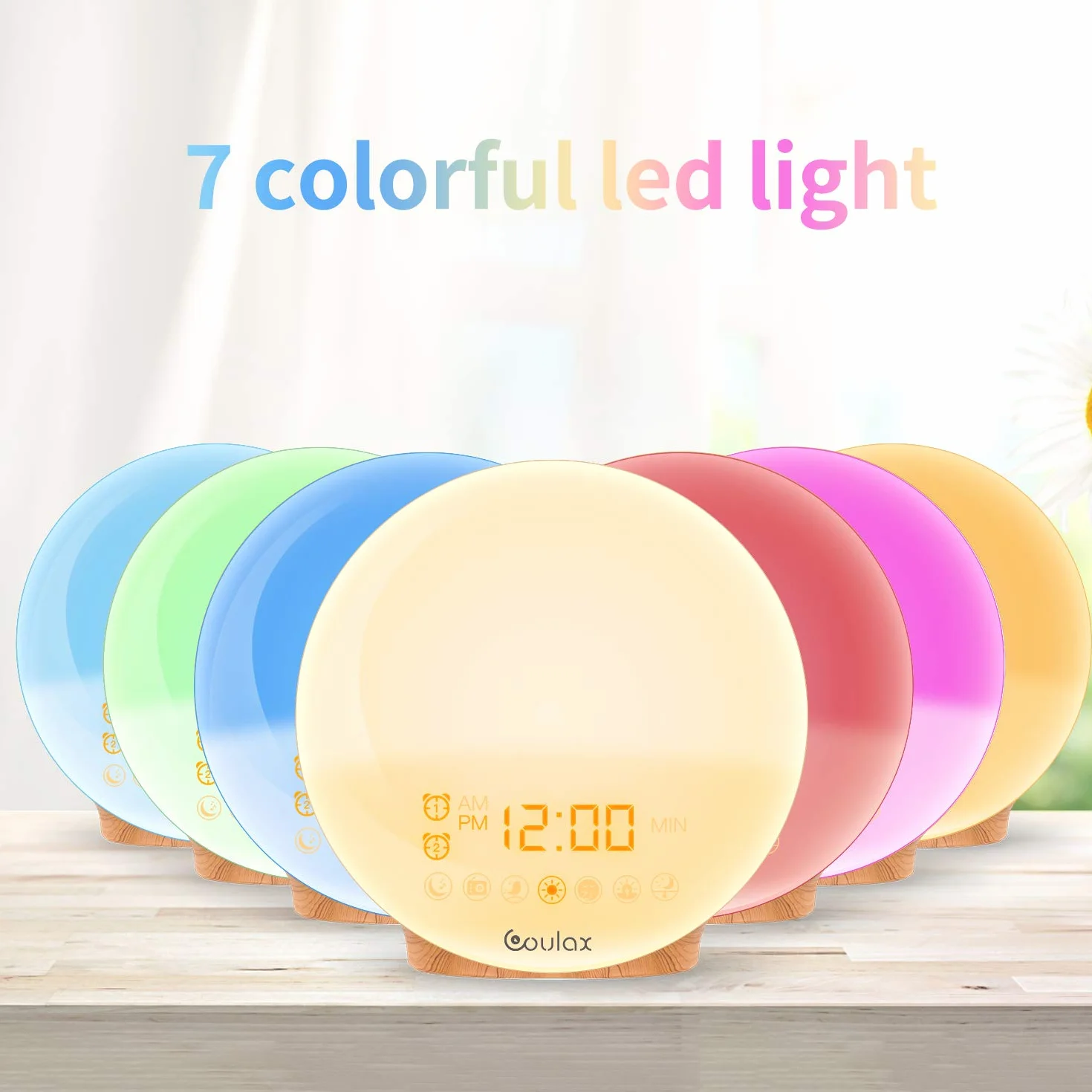 Budzik świetlny z drewna Multicolor z radiem FM, 7 dźwiękami, 2 czasami budzenia