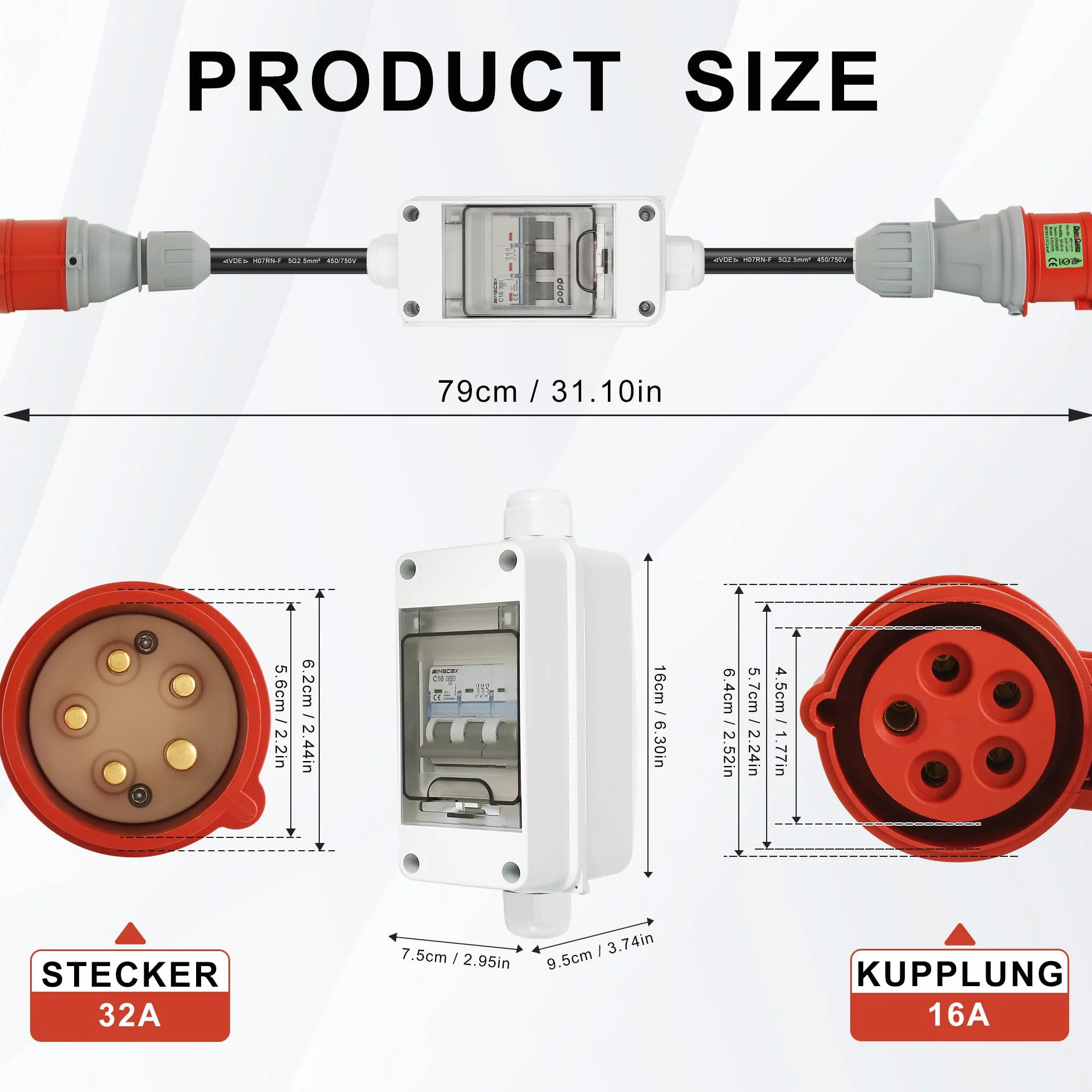 Adapter CEE 32 A wtyczka do sprzęgła 16 A 5 Polige Kupplung Starkstrom Adapter z wyłącznikiem 400 V CEE Kabel zasilania H07RN-F 5G 2,5mm²