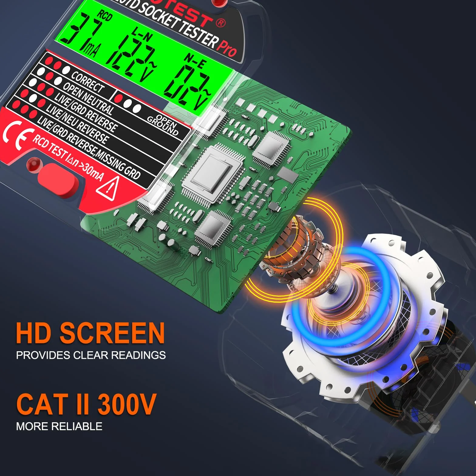 YOJOCK Tester gniazd, Tester Wtyczek RCD, tester napięcia elektrycznego z wyświetlaczem LCD, CAT.II 300V