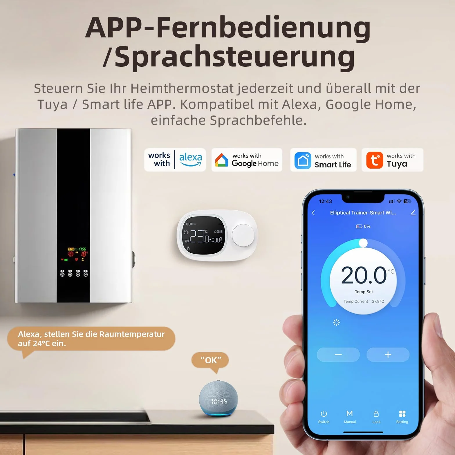 AVATTO Inteligentny termostat WiFi do kotła wodnego i gazowego, programowalny, kompatybilny z Alexa i Google Assistant