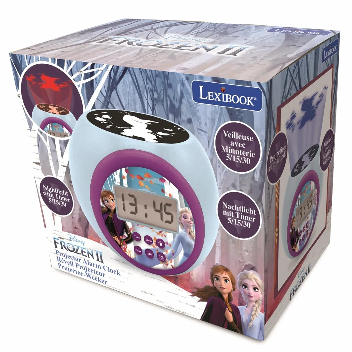 Lexibook, Disney Frozen 2 Anna Elsa Zegar Projektor z Funkcją Alarmu Drzemki, Wielokolorowy, RL977FZ