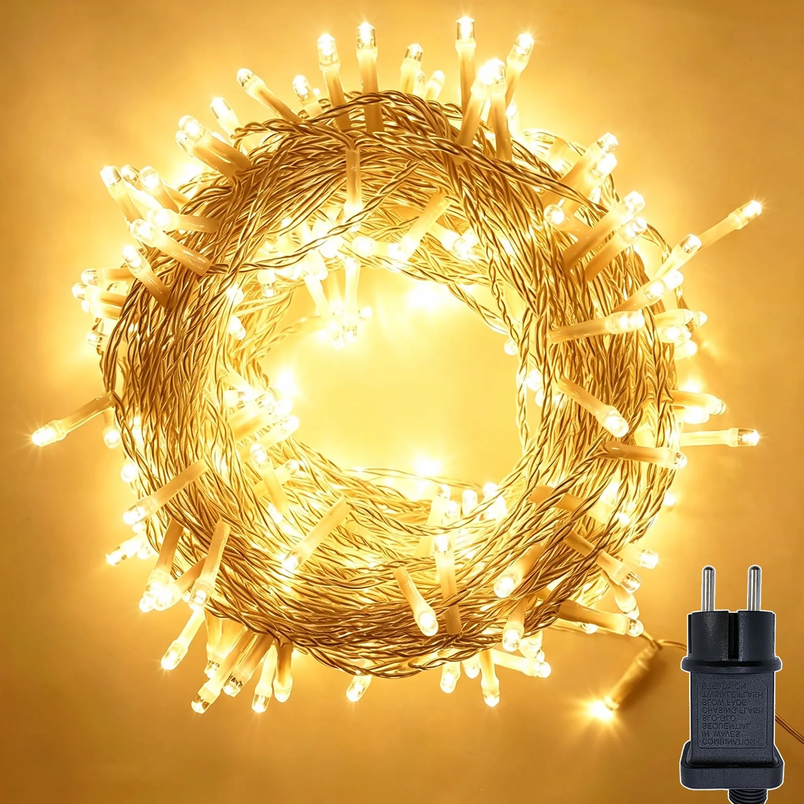 Łańcuch świetlny LED 10 m 100 diod Ciepła Biel 8 Trybów IP44 Przezroczysty Kabel