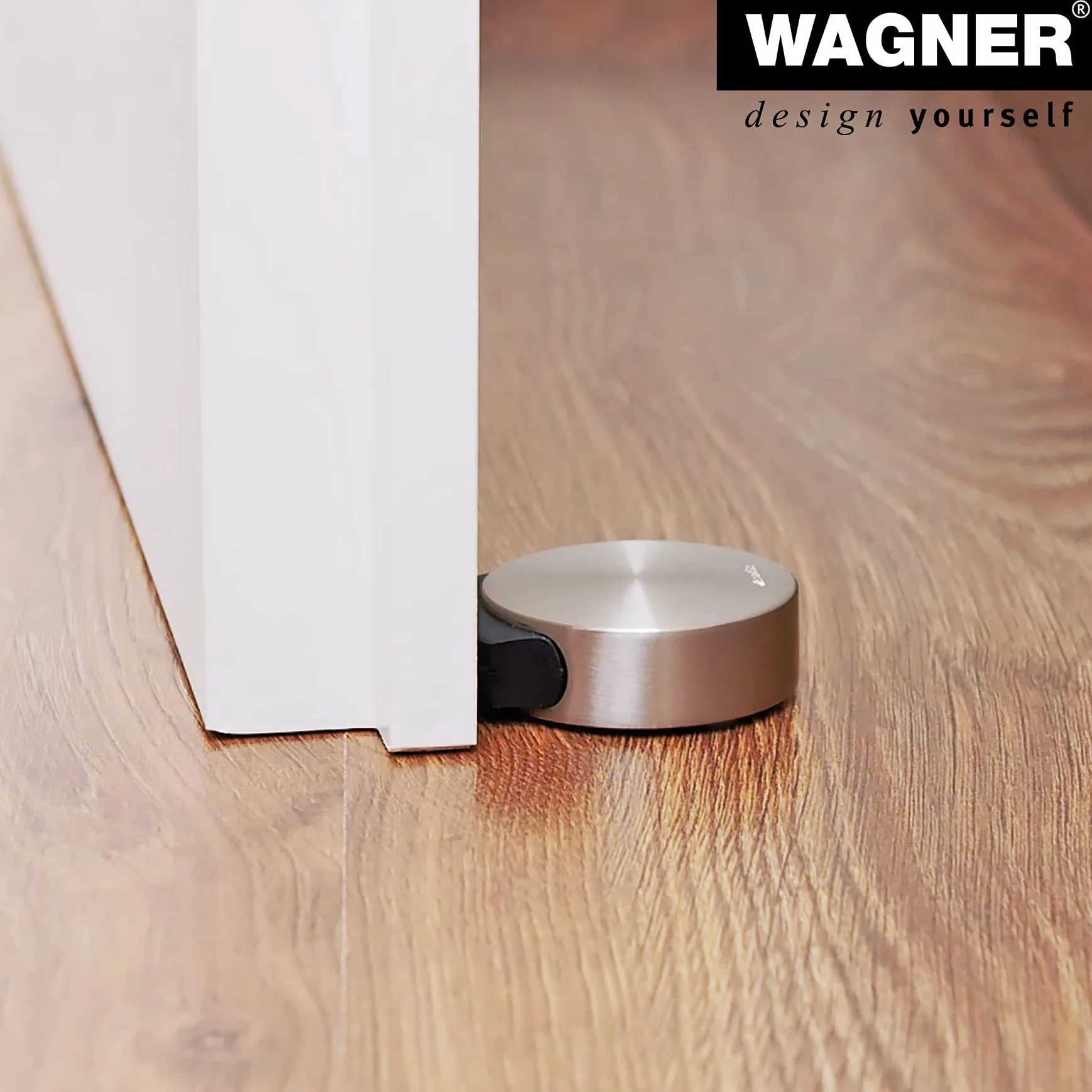 WAGNER Designerski stoper podłogowy do drzwi SCREW OR GLUE/wkręty lub klejone - średnica Ø 50 x 55 x 17 mm, szczotkowany metal, wygląd stali nierdzewnej, kauczuk termoplastyczny, cena designu -