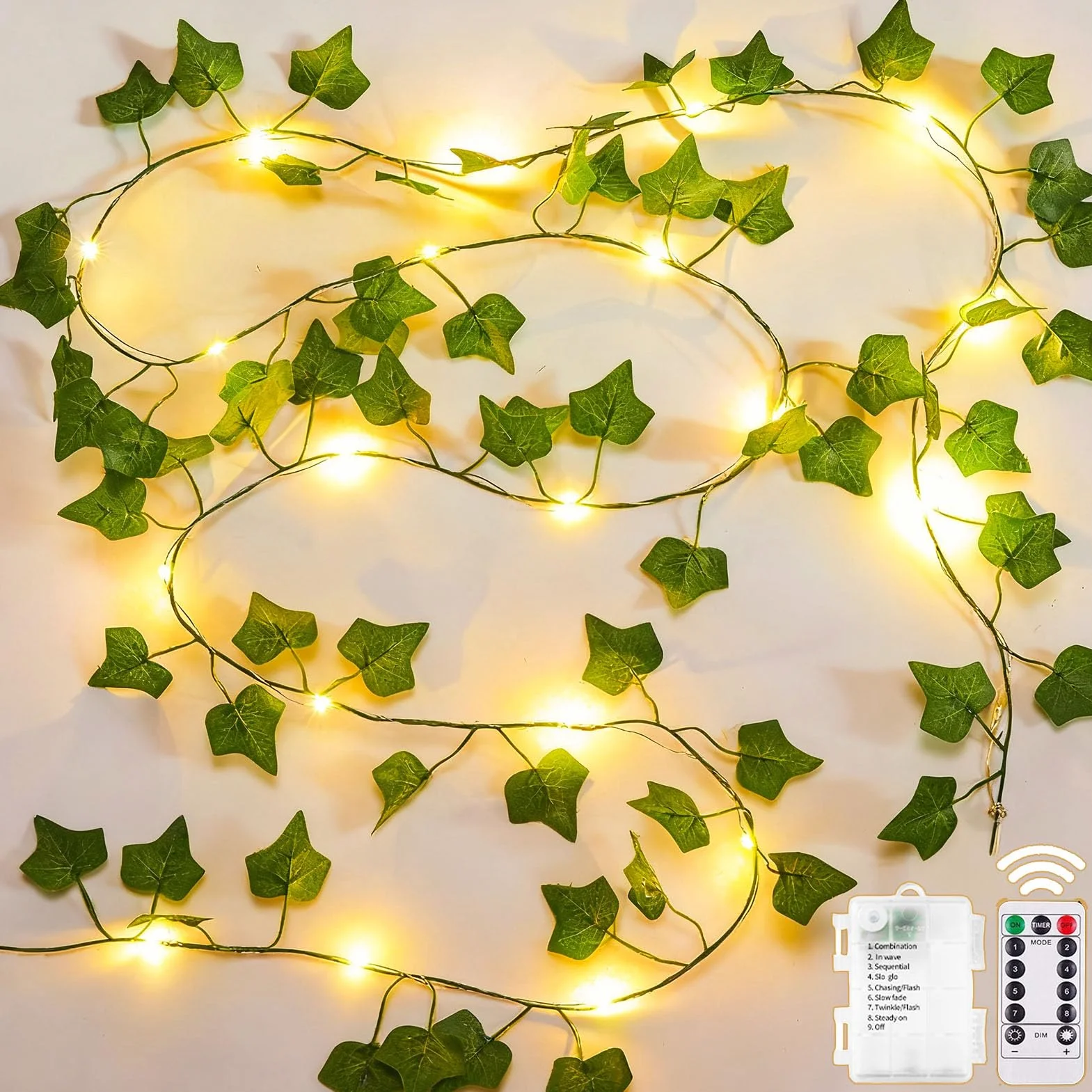 yowin Łańcuch świetlny z bluszczem 10 m, 100 diod LED, pilot zdalnego sterowania, timer, 8 trybów