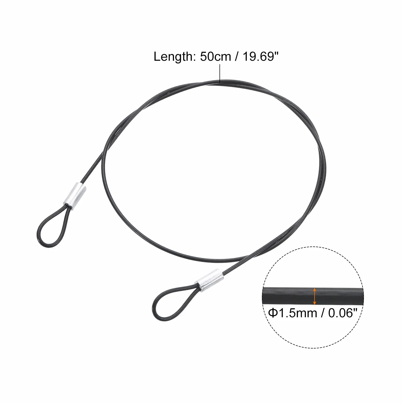 Kabel ze stali nierdzewnej 50 cm x 1,5 mm z pierścieniem powlekanym winylem stalowy kabel bezpieczeństwa czarny