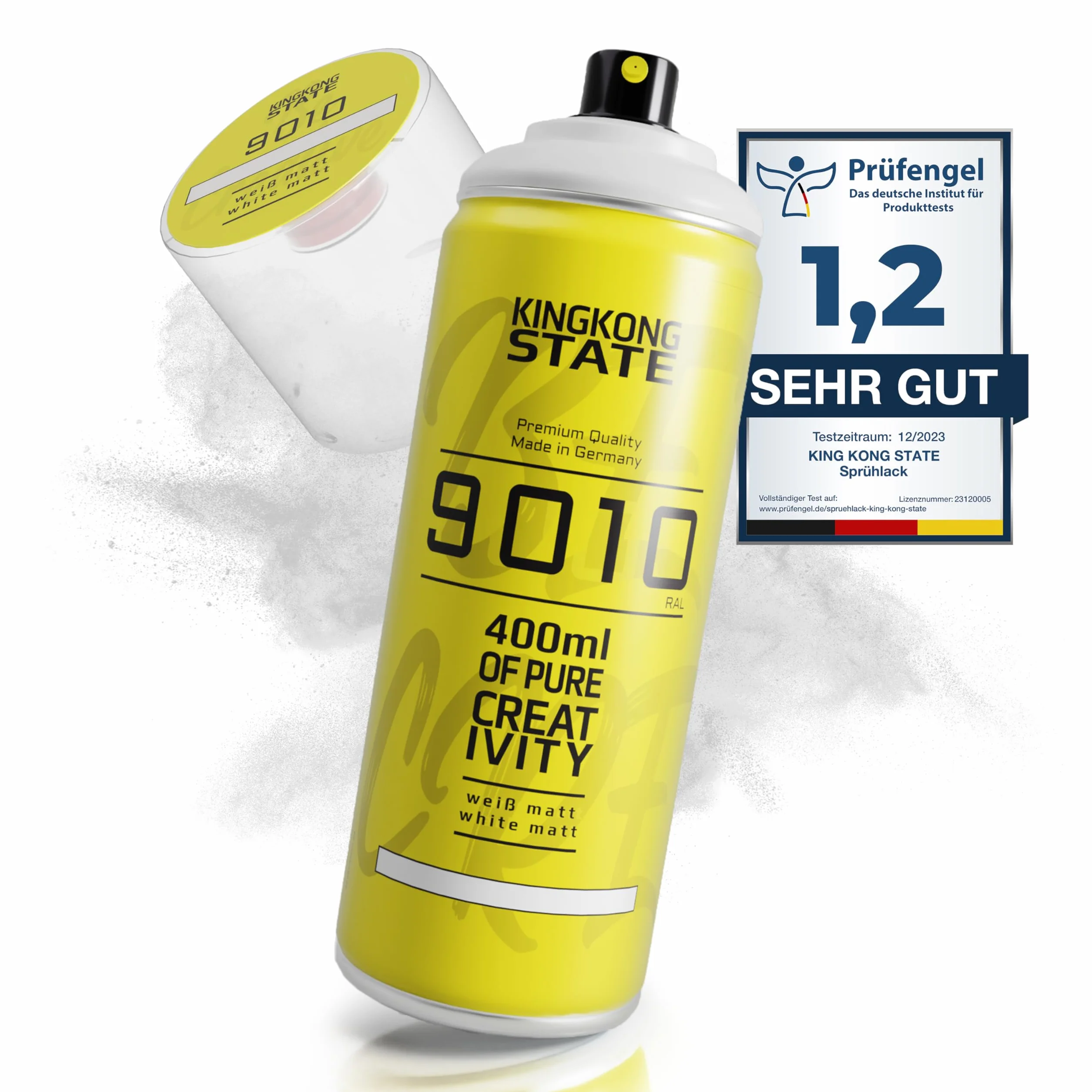 King Kong State Lakier w sprayu premium, biały, matowy – wysoko kryjąca farba w sprayu do prac typu "zrób to sam", nadaje się do wszystkich powierzchni; lakier w sprayu, wyprodukowano w Niemczech,