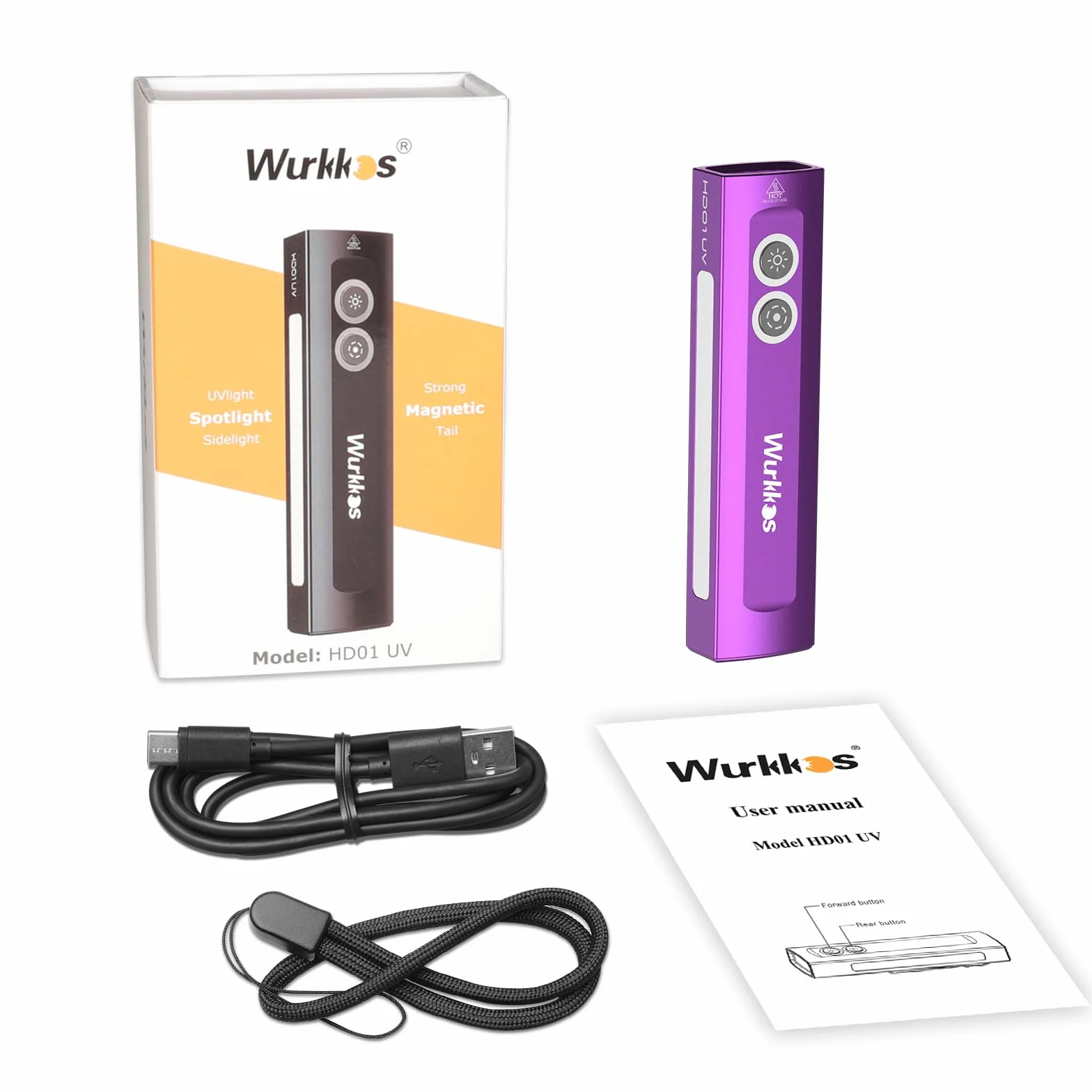 Wurkkos HD01 Latarka UV 1200 lumenów 157 m potrójne źródło światła czarne światło białe światło boczne RGB z akumulatorem