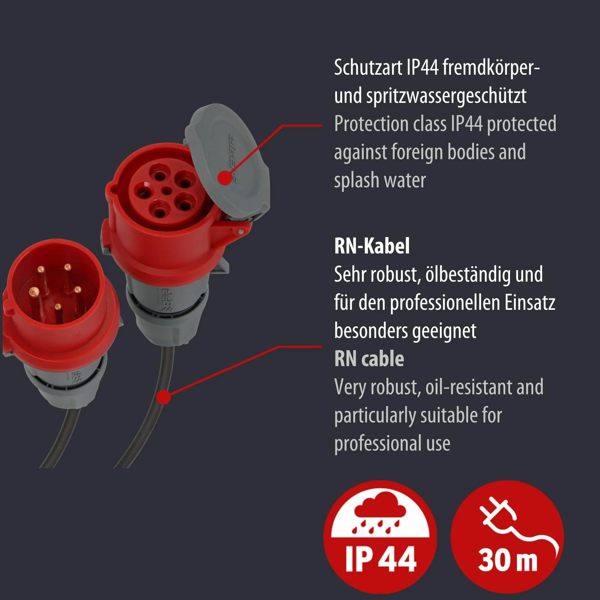 Brennenstuhl Professional Przedłużacz CEE IP44 kabel 30m H07RN-F 5G1.5 5-stykowy czarny Made in Germany