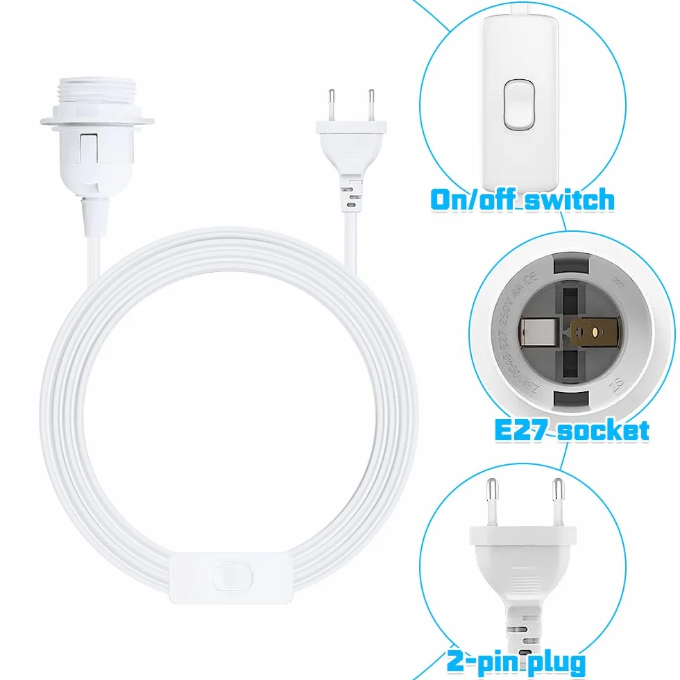 Oprawa lampy E27 z przełącznikiem z wtyczką, 3 x oprawka E27 z kablem sieciowym 3 m, pierścień śrubowy, do zawieszenia lampy, lampa wisząca do salonu, sypialni i kuchni (biała)