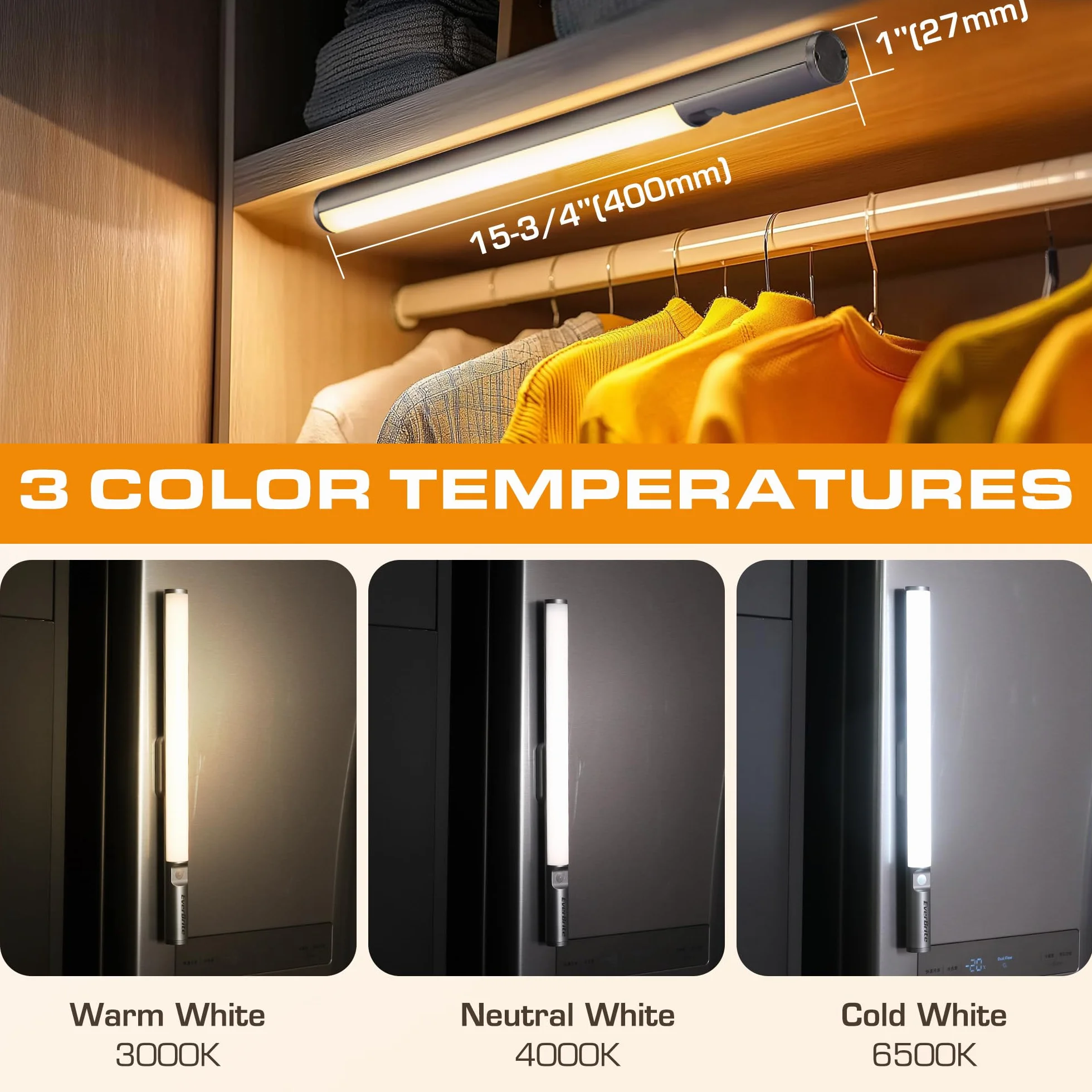 EverBrite Oświetlenie pod szafkami LED 88 diod z pilotem czujnik ruchu 2600mAh ładowalne bezprzewodowe 3 temperatury kolorów