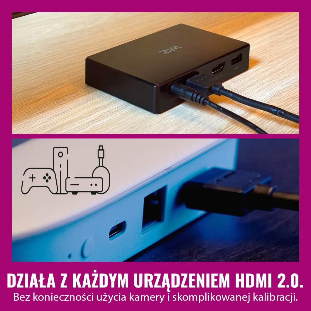 WiZ HDMI Sync Box z taśmą LED do TV, Synchronizuje światło z filmami, HDMI 2.0 4K 60 Hz, RGBIC 75-85 cali, Sterowanie Aplikacją/Głosowe, Google Alexa