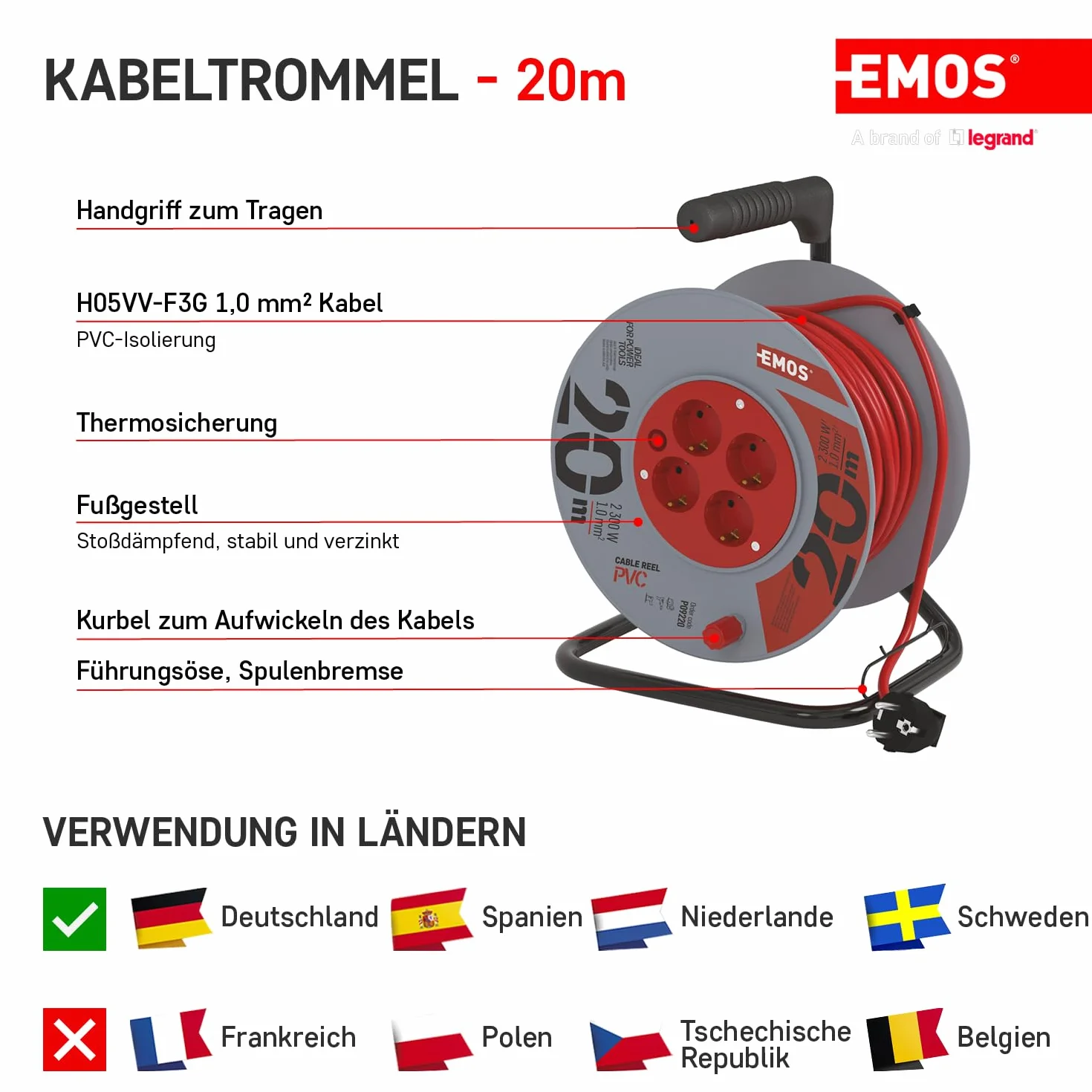EMOS 4-Komora Kabeltrommel 20 m 3 x 1 Schuko DG-4ZR-DB04