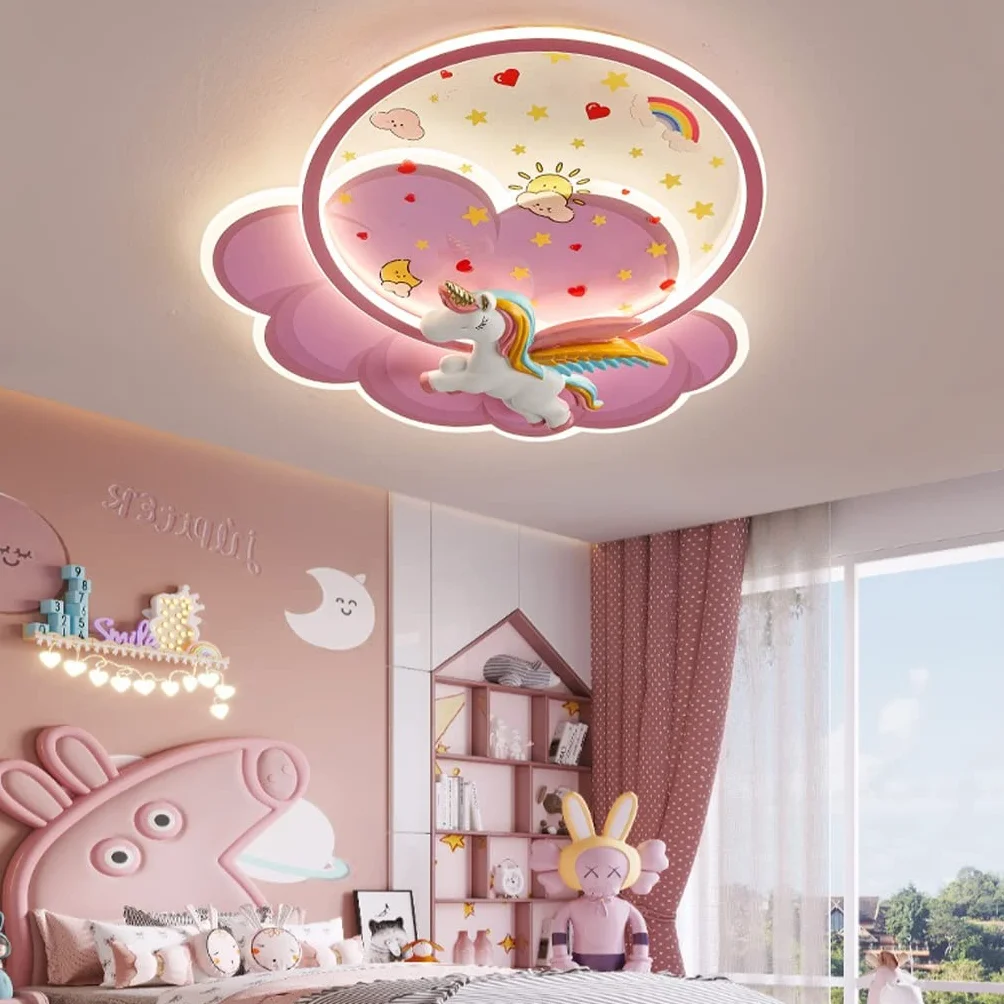 Lampa Sufitowa LED Różowa Dekoracyjna z Pilotem 3000K-6000K Klosz Chmurowy Ściemnialny Kształt Jednorożca Żyrandol