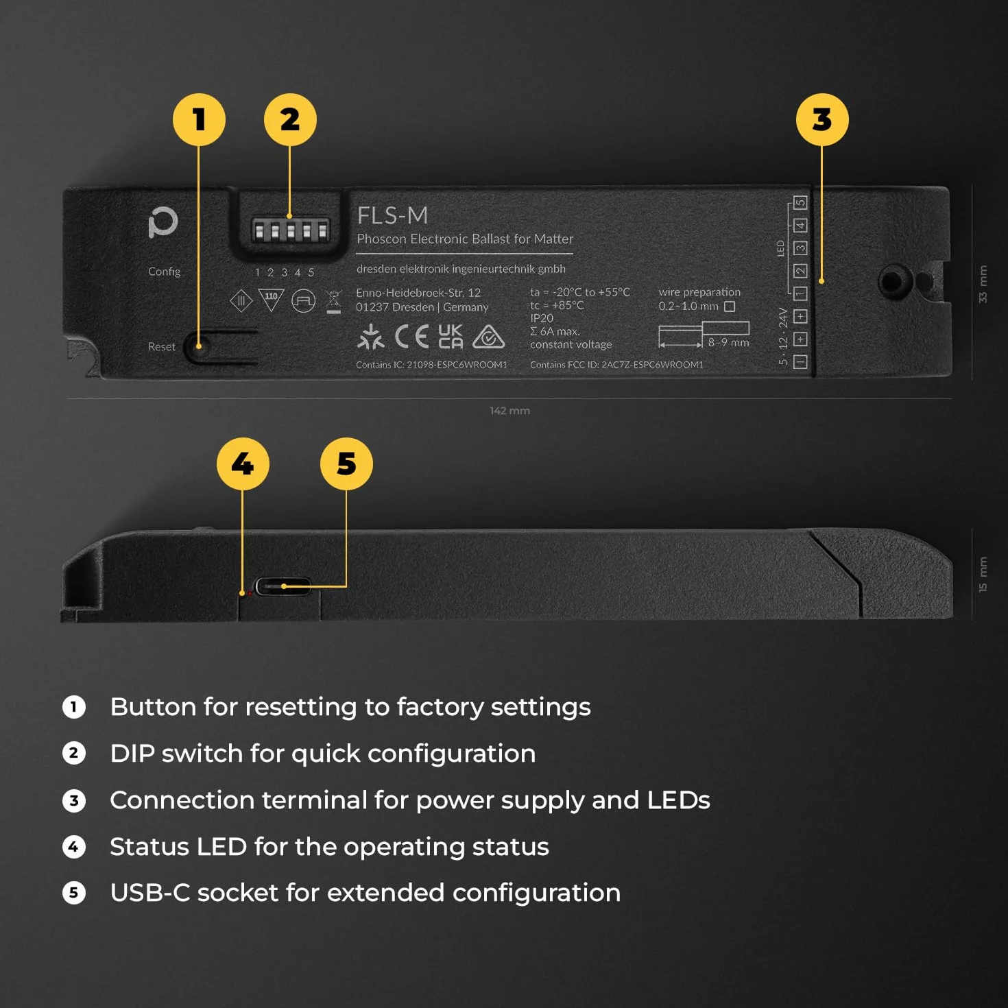 FLS-M – uniwersalny kontroler LED Matter Zigbee do taśm LED do 5 kanałów i indywidualnie adresowalnych diod LED, RGBW, RGB+CCT, jednokolorowy, WS2812B