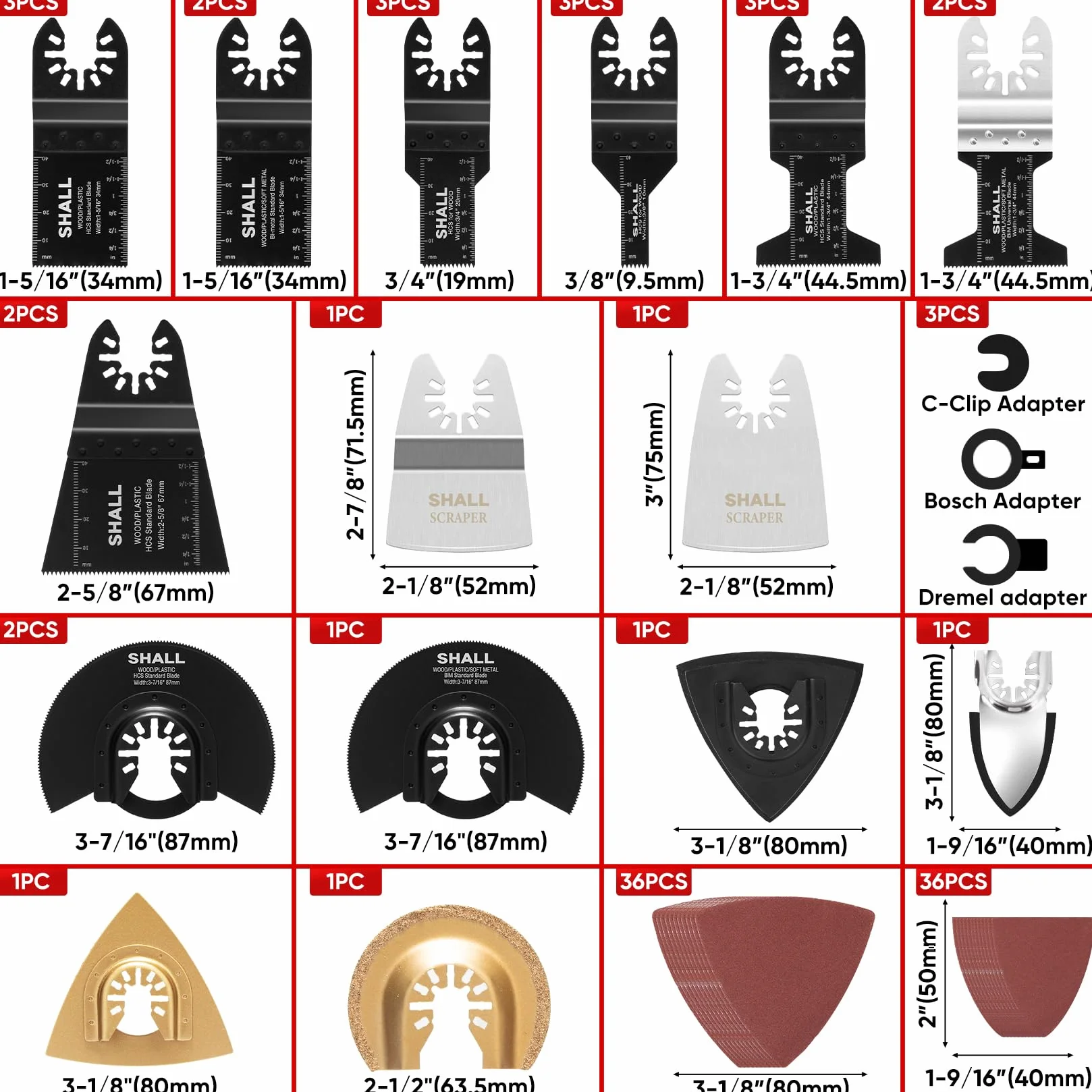 SHALL 102 szt. ostrzy do narzędzi wielofunkcyjnych, zestaw akcesoriów HCS, bimetal, podkładka szlifierska, papier ścierny