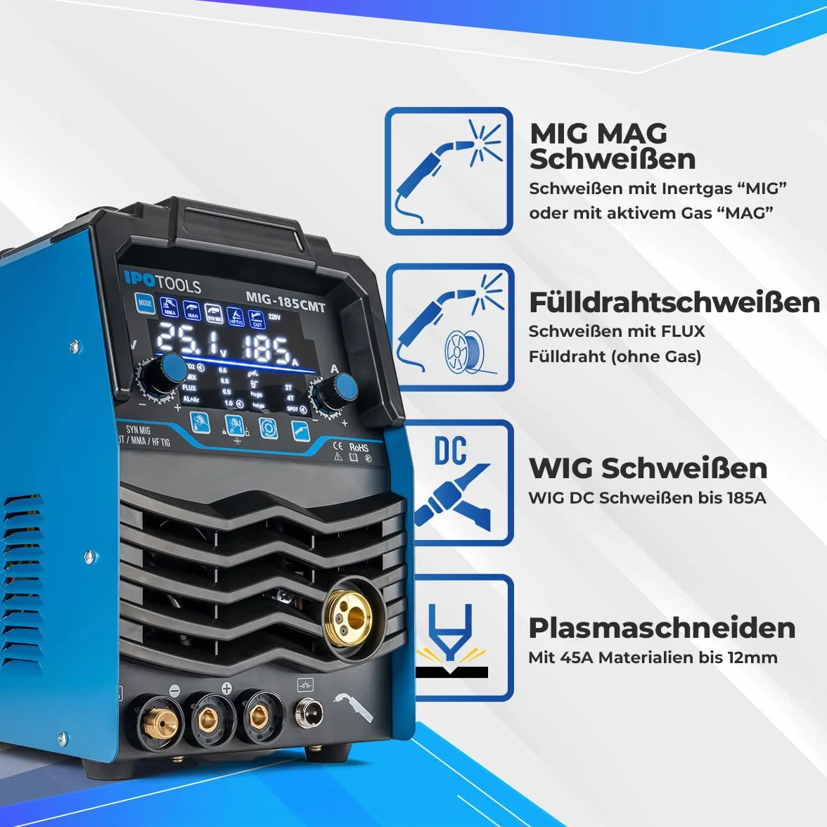 Spawarka kombinowana MIG-185CMT 7 w 1 WIG MIG MAG z przecinarką plazmową 45 A Synergic Inverter 185 A Flux MMA 230 V
