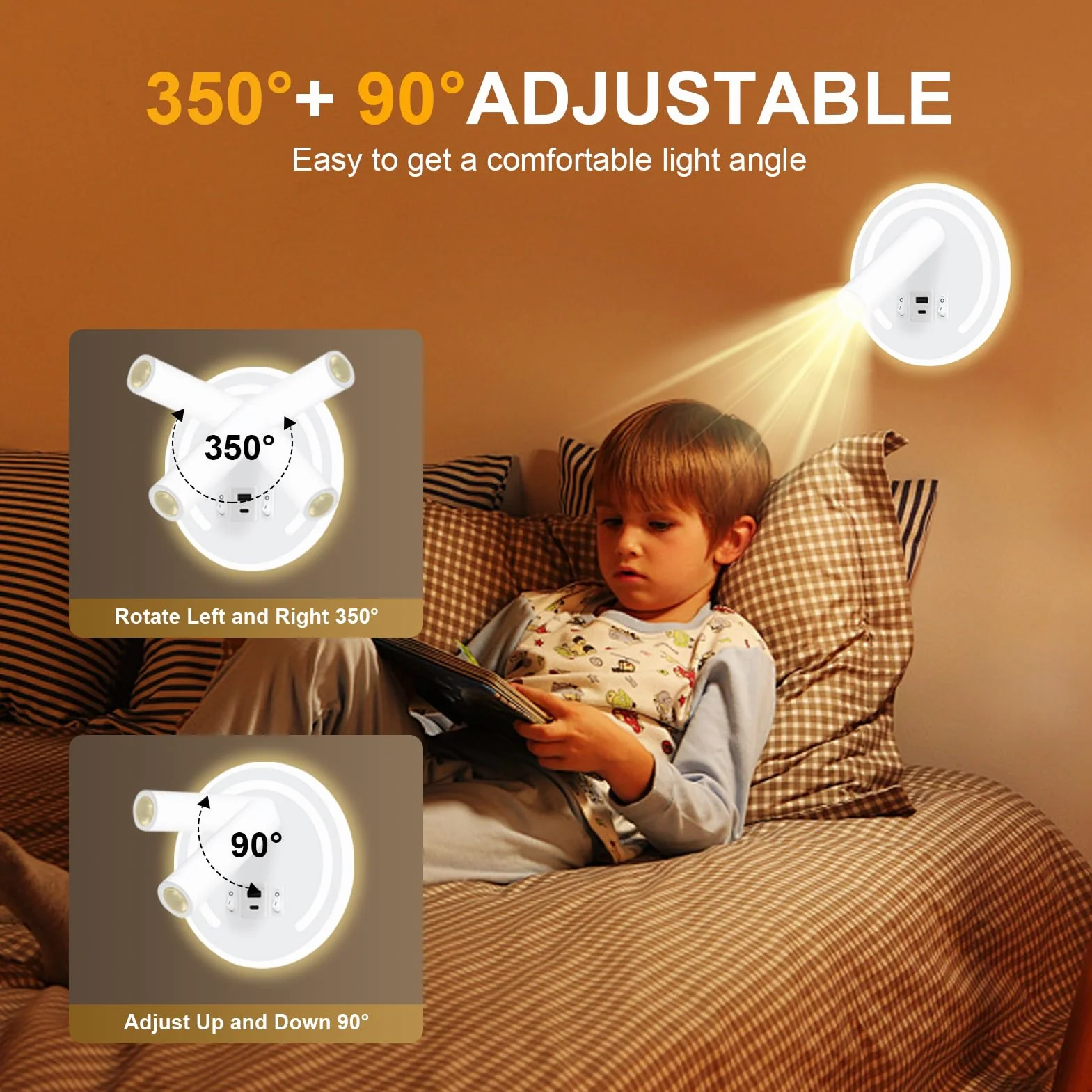 Lampa do czytania ścienna LED 3W+9W USB obrotowa 3000K biała okrągła