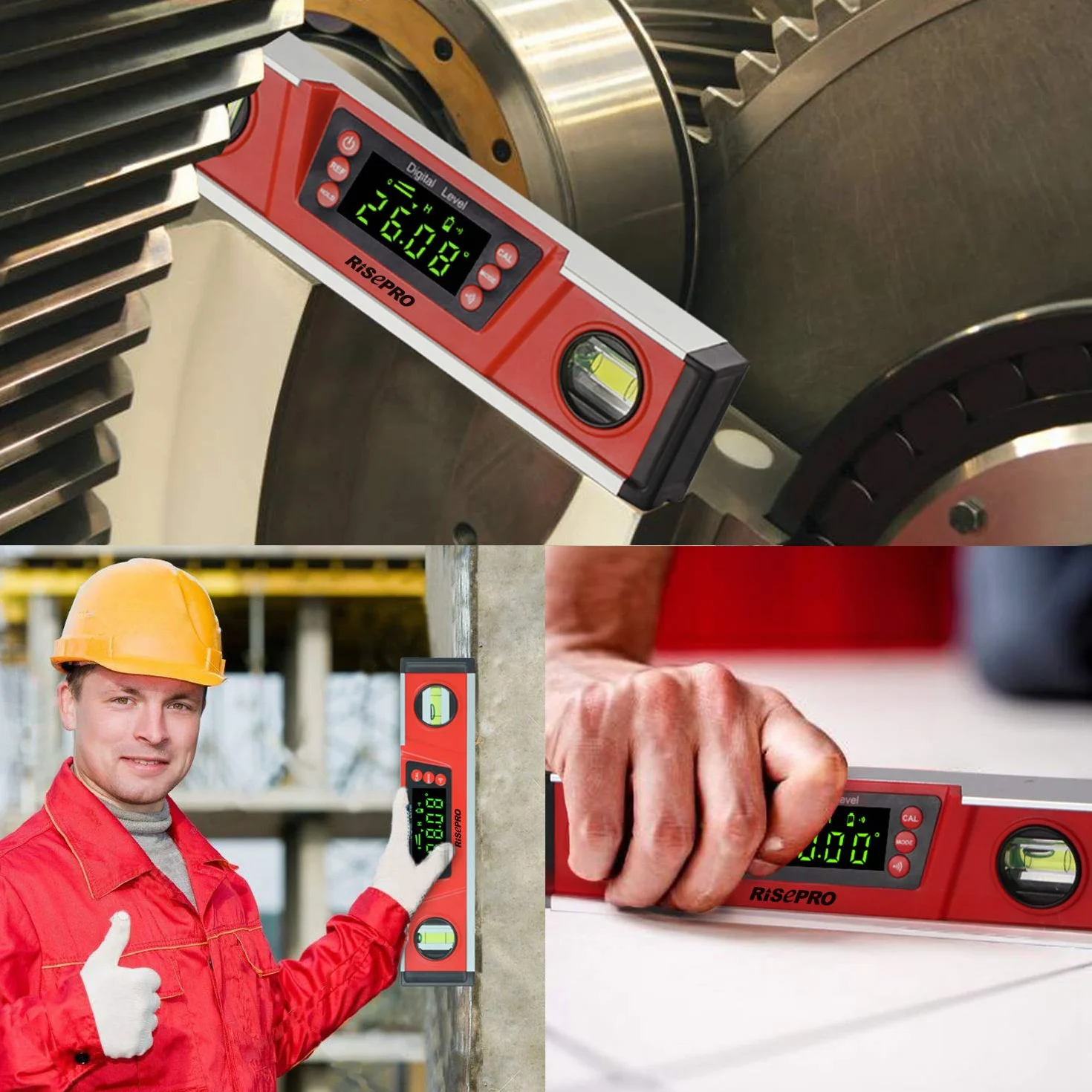 RISEPRO Cyfrowy poziom magnetyczny i kątomierz 10-calowy elektroniczny inklinometr IP54 z dużym wyświetlaczem VA i podstawą z rowkiem V DL135N