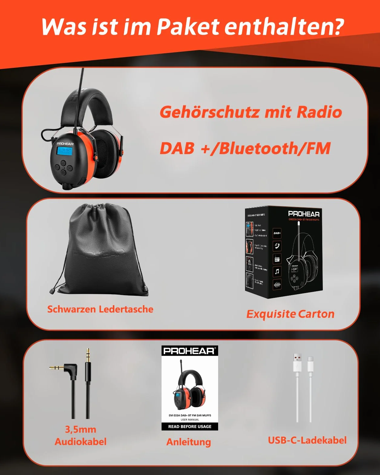 PROHEAR 033A Nauszniki z radiem DAB+ Bluetooth FM, słuchawki z redukcją hałasu SNR 31 dB