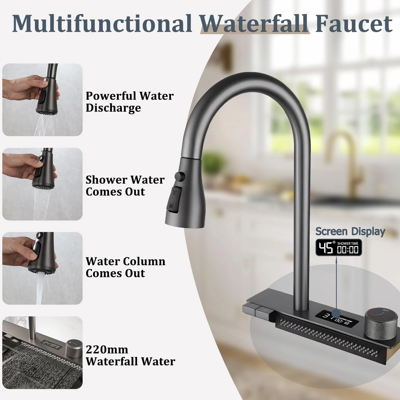 Stainless Steel Waterfall Kitchen Sink Combo with Pull-Out Faucet Nano-Coated Topmount Single Bar Bowl 80x50cm Black-Grey