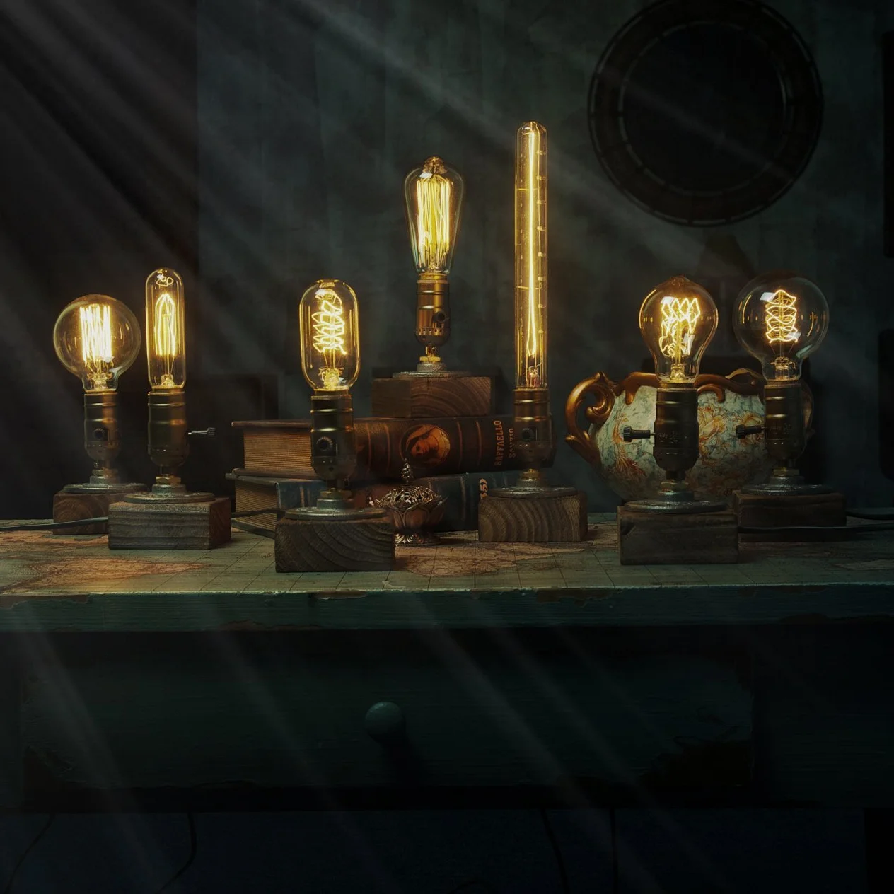 E27 vintage drewniane bloki lampa stołowa lampa biurkowa do kawiarni baru studio, lampka nocna na stolik nocny ściemniana bez żarówki