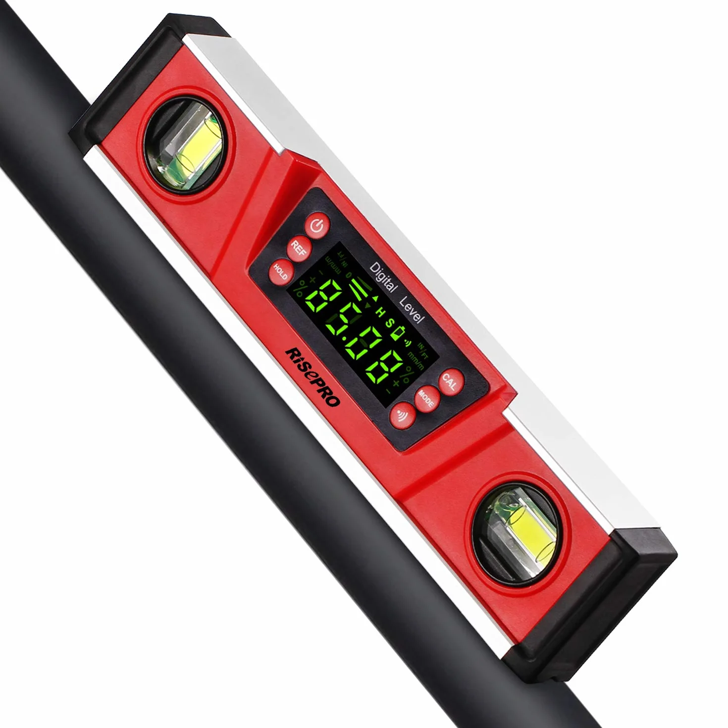 RISEPRO Cyfrowy poziom magnetyczny i kątomierz 10-calowy elektroniczny inklinometr IP54 z dużym wyświetlaczem VA i podstawą z rowkiem V DL135N