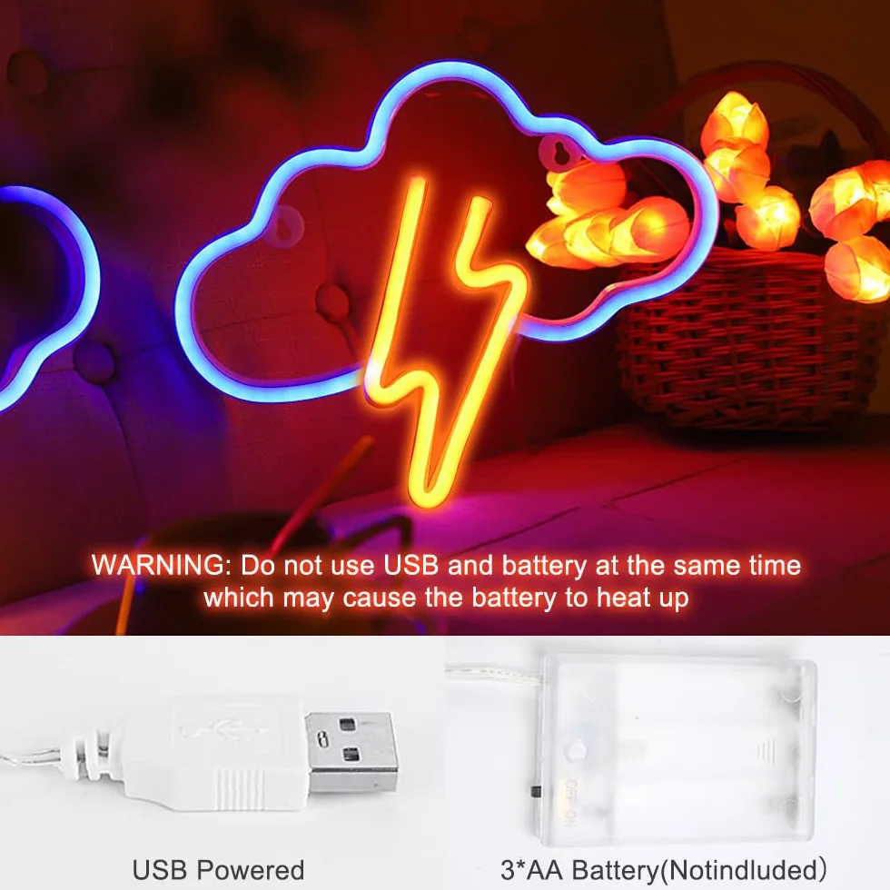 Foreverup Neonowy Znak Błyskawicy LED, Żółta Chmura Niebieski Neon, Światło do Salonu Pokoju Dziecięcego