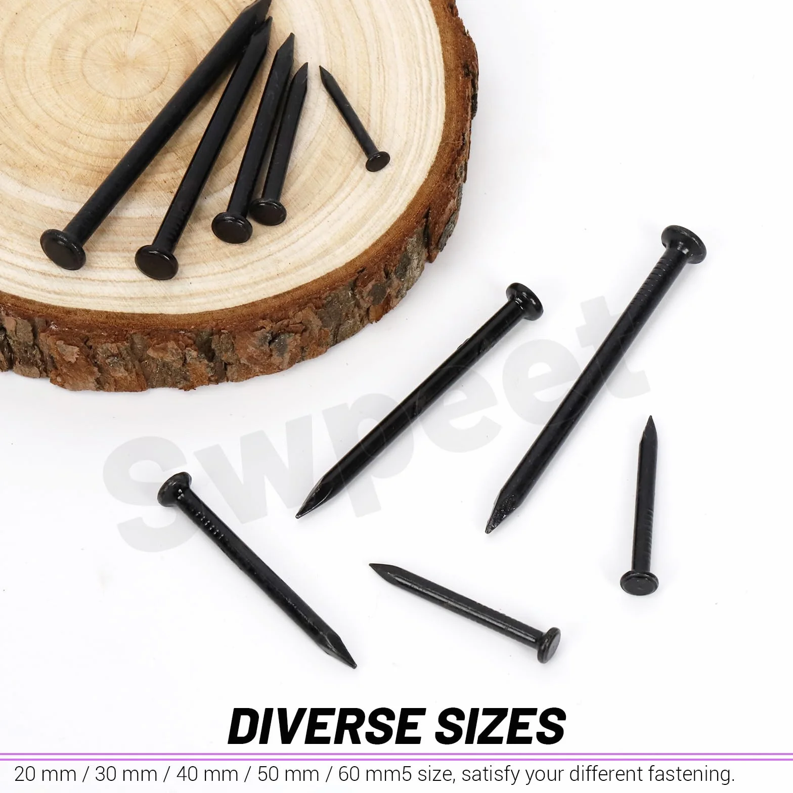 Swpeet Zestaw 150 szt. czarnych gwoździ 3/4", gwoździe stalowe, 2 x 20 mm ocynkowane gwoździe, małe gwoździe uszlachetniające, gwoździe ścienne, gwoździe drewniane, gwoździe do kamienia betonowego