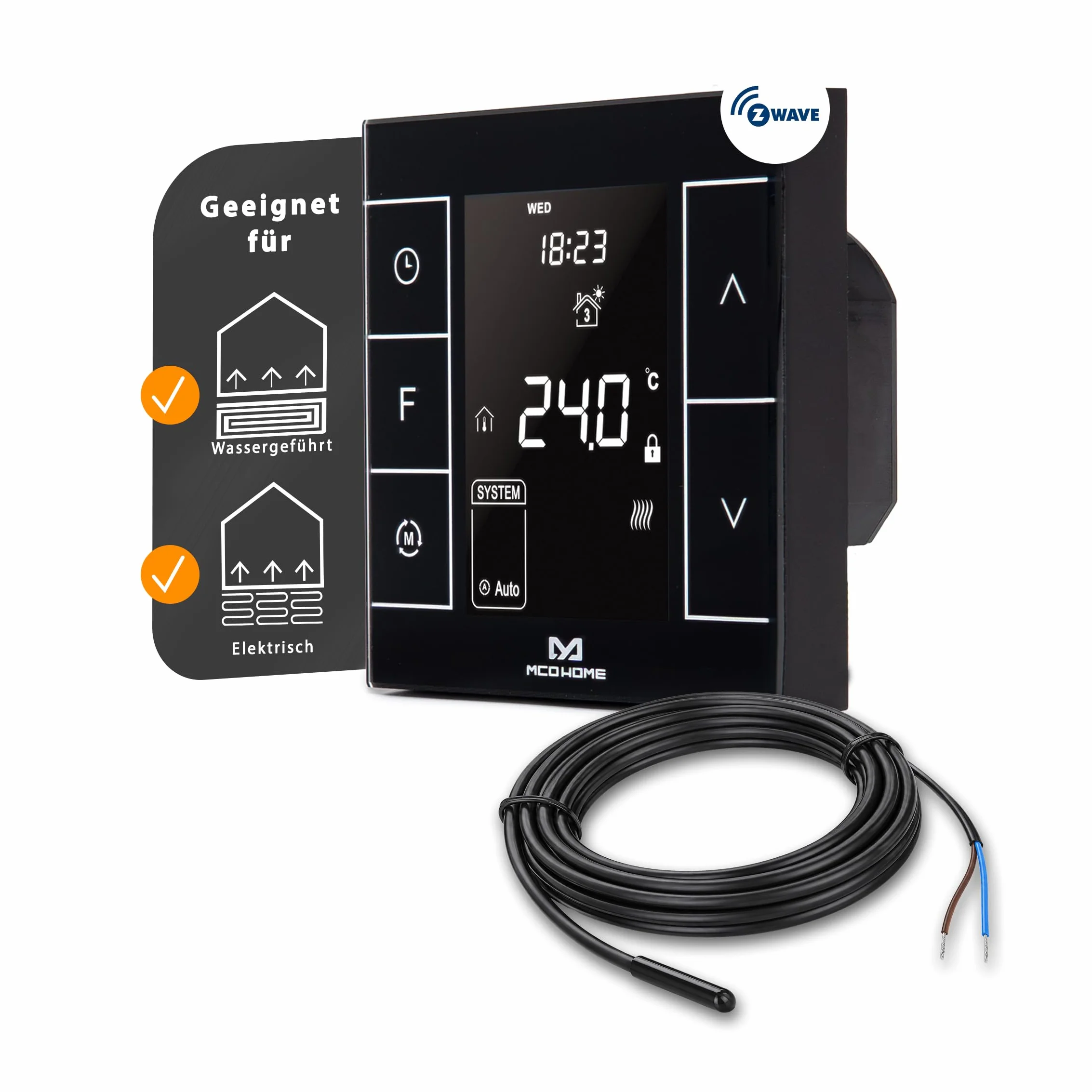 MCO Home Z-Wave MH7H-EH termostat pokojowy do ogrzewania podłogowego i ogrzewania na podczerwień/Z-Wave Smarthome, czarny