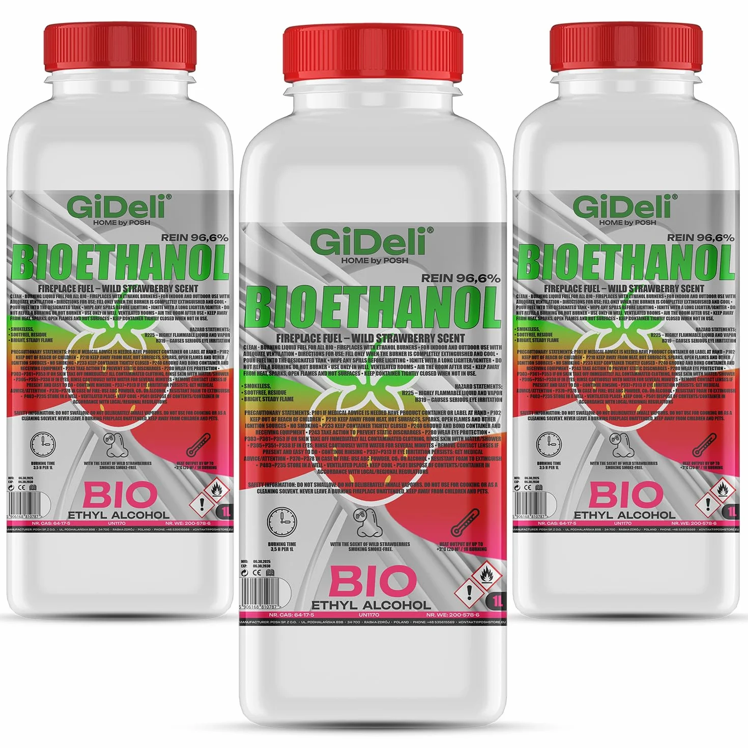 GiDeli bioetanol 3 x 1 l zapach truskawki 96,6% etanol do kominków