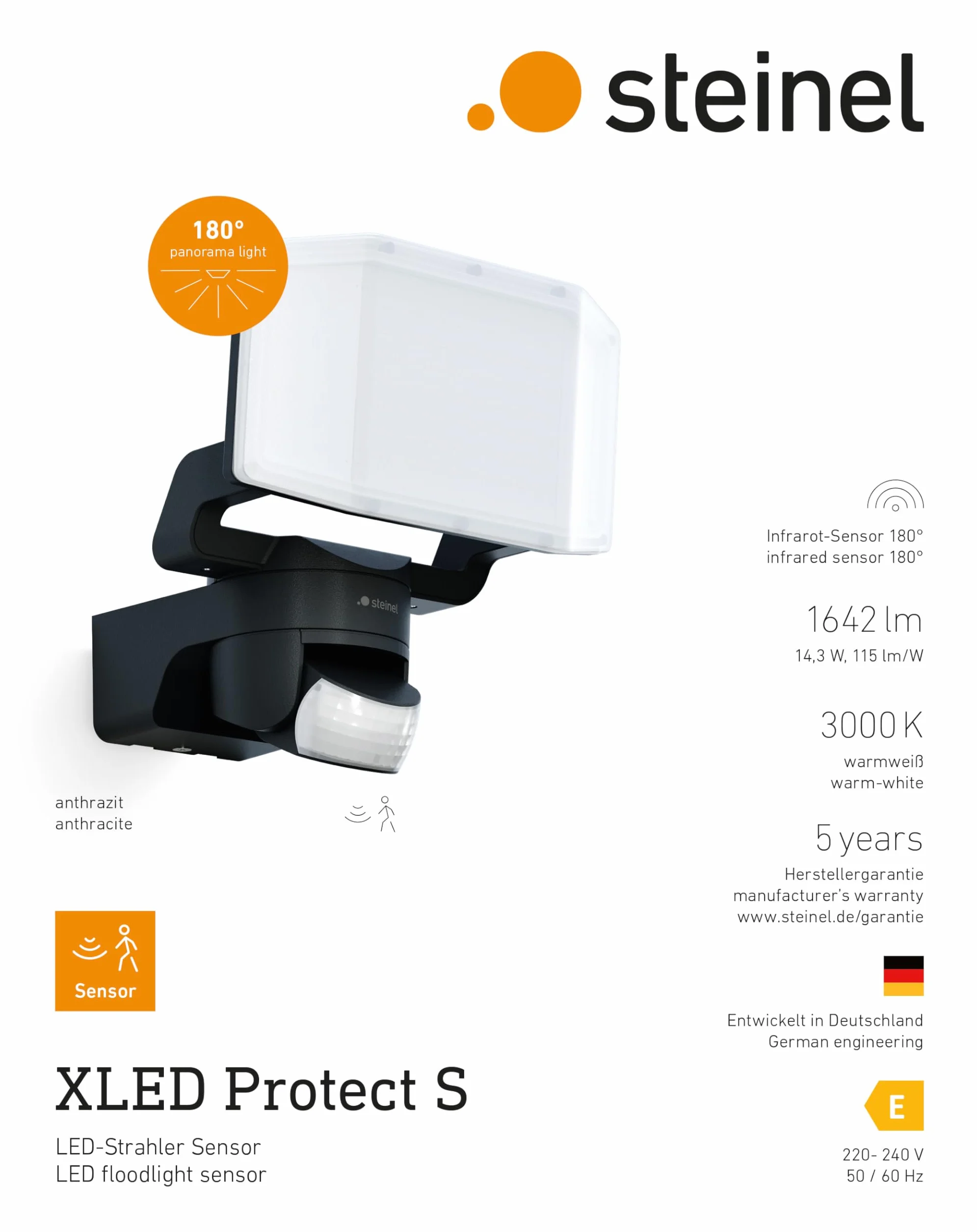 Steinel XLED Protect S antracyt, czujnik ruchu 180°, 3000 K ciepła biel, 14,3 W, IP54, do garaży, ogrodów itp.