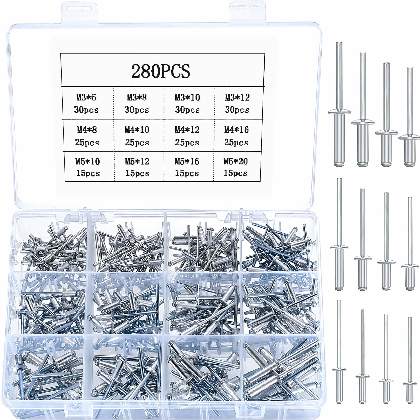 Zestaw 280 aluminiowych nitów zrywających M3 M4 M5 Pop 12 rozmiarów srebrne
