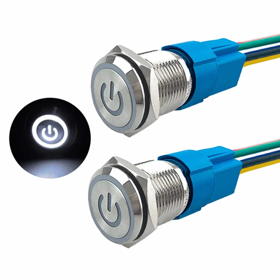 Przełącznik przyciskowy samoblokujący 16 mm 12V 24V 5A wodoodporny stal nierdzewna IP67 biała dioda LED