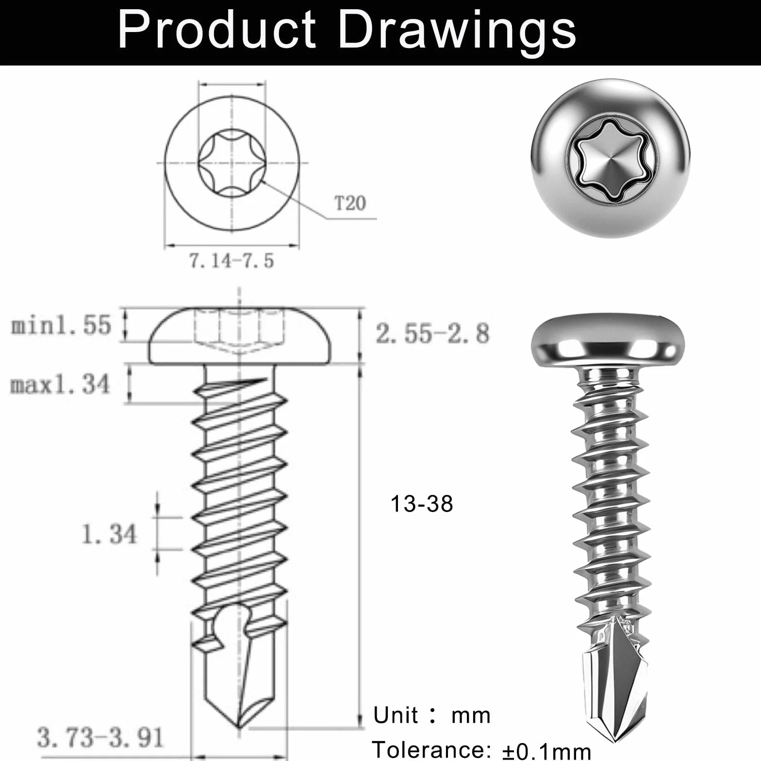Wkręty Torx samowiercące M4 2x19 mm stal nierdzewna 410 sztuk do blachy z bitem TX20