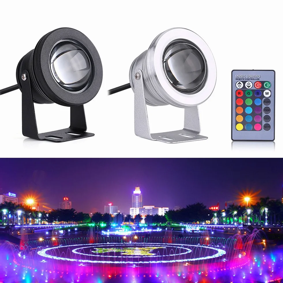 OÅwietlenie podwodne 12V 10W z pilotem, diody LED multi RGB Wodoodporne oÅwietlenie LED Lampa staw ogrodowy, podwodne oÅwietlenie zmieniajÄce kolor na basen, akwarium, fontannÄ (czarne)