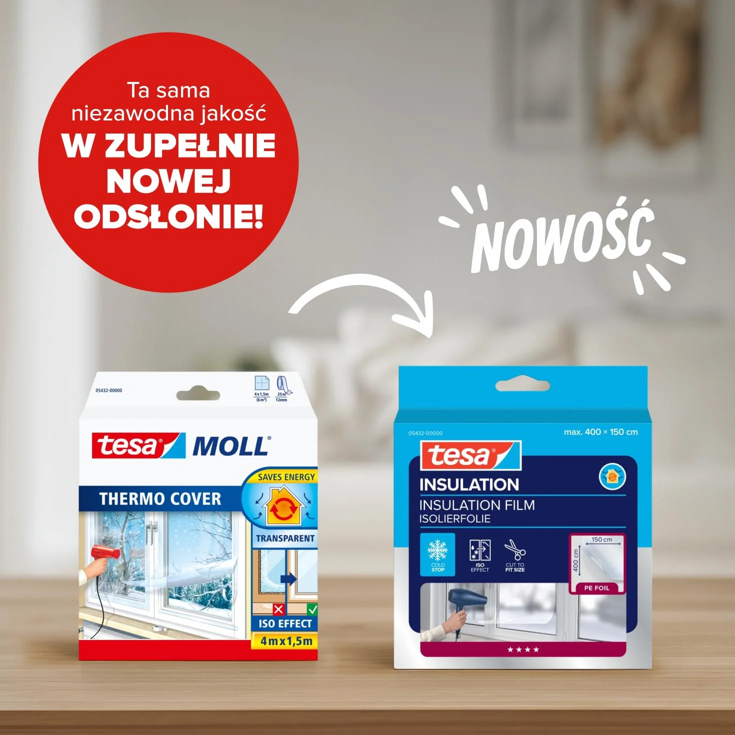 Tesamoll Thermo Cover folia izolacyjna do okien - przezroczysta folia do dodatkowej izolacji termicznej na okna - z praktycznym montażem na taśmę dwustronną - 5,0 m x 1,5 m