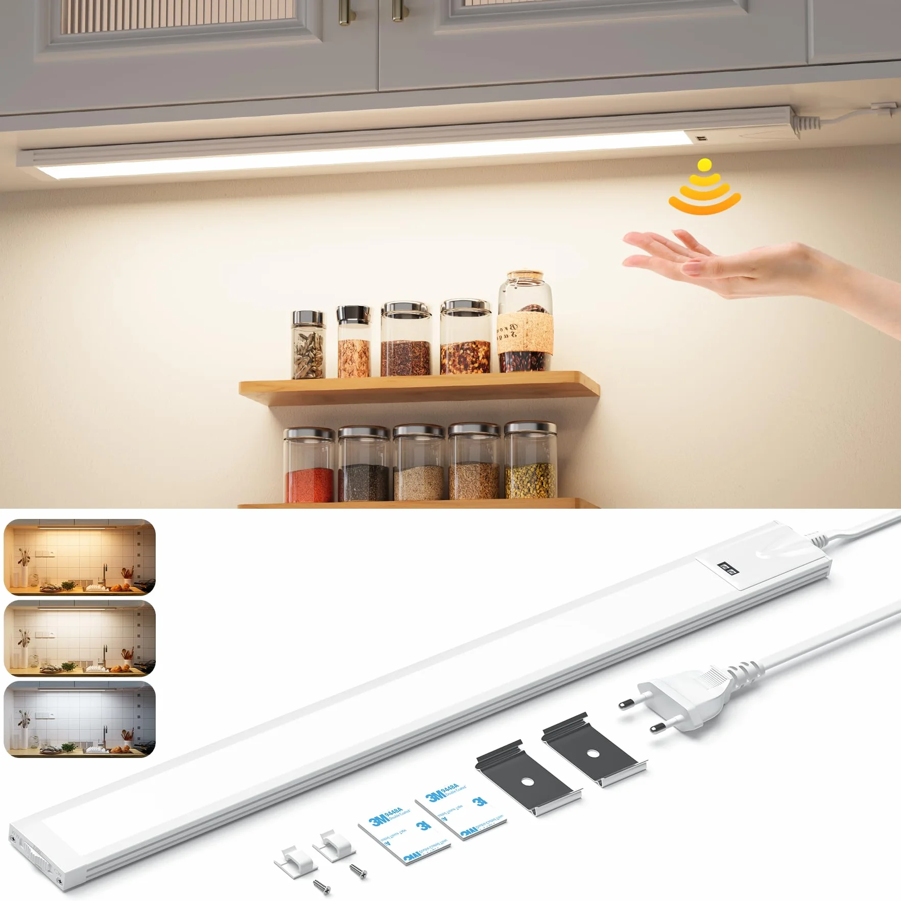 Lureshine Lampa podszafkowa LED z możliwością ściemniania, 41 cm, oświetlenie kuchni z czujnikiem bezdotykowym, 3 temperatury barwowej, światło kuchenne, ultra cienka listwa świetlna do szafy, regału,