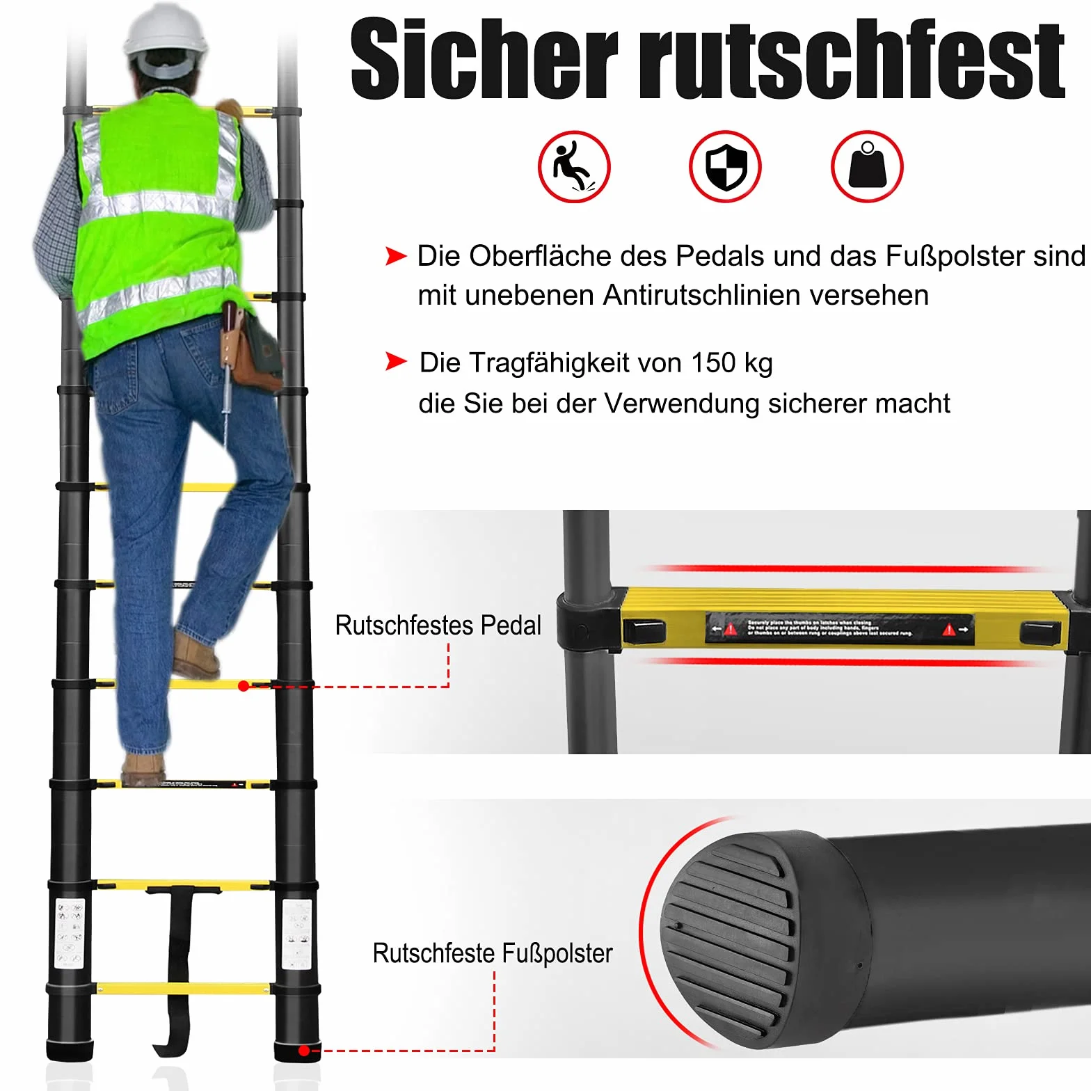 LZQ Składana drabina teleskopowa aluminiowa 12 szczebli 87 cm do 3,8 m nośność 150 kg żółto-czarna