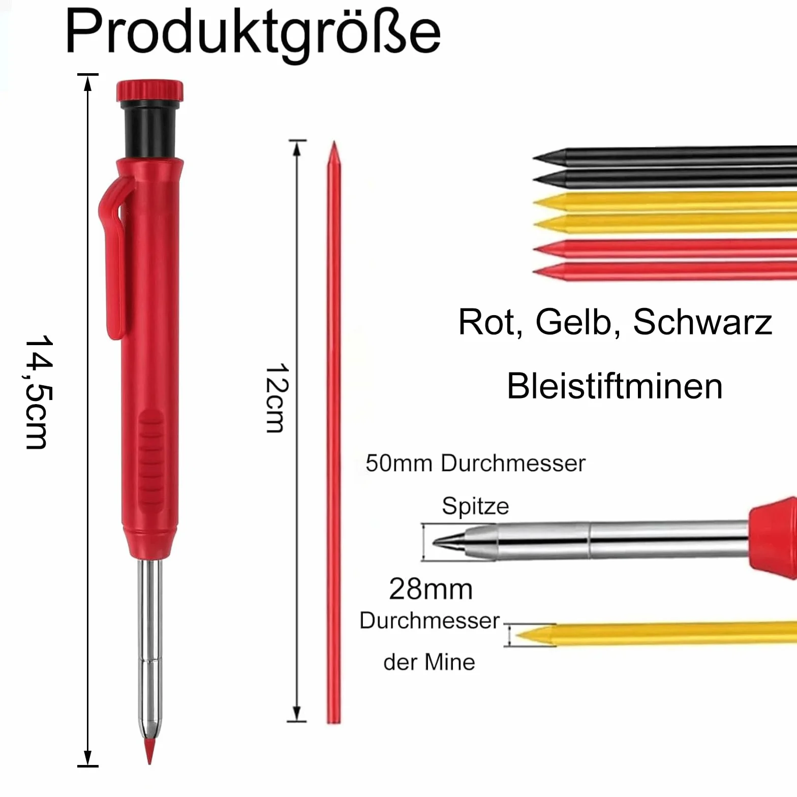 LEMONSTONE 3 ołówki ciesielskie z temperówką, zestaw 6 ołówków mechanicznych z wkładami, do głębokich otworów