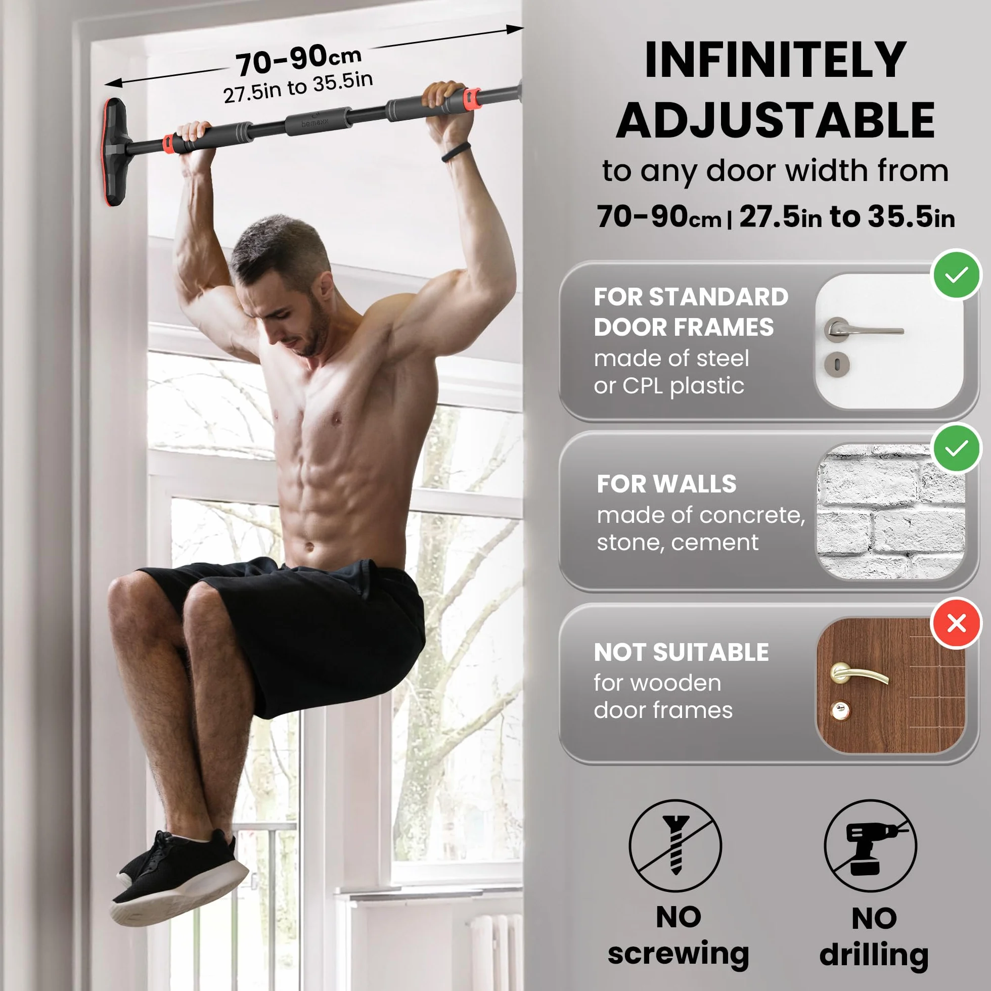 Drążek do podciągania do ramy drzwi bez śrub/wiercenia + eBook szkoleniowy - Profesjonalne Trening Pull Up Bar, wyściełane uchwyty | do powieszenia w drzwiach domu, Fitness Sport Gym
