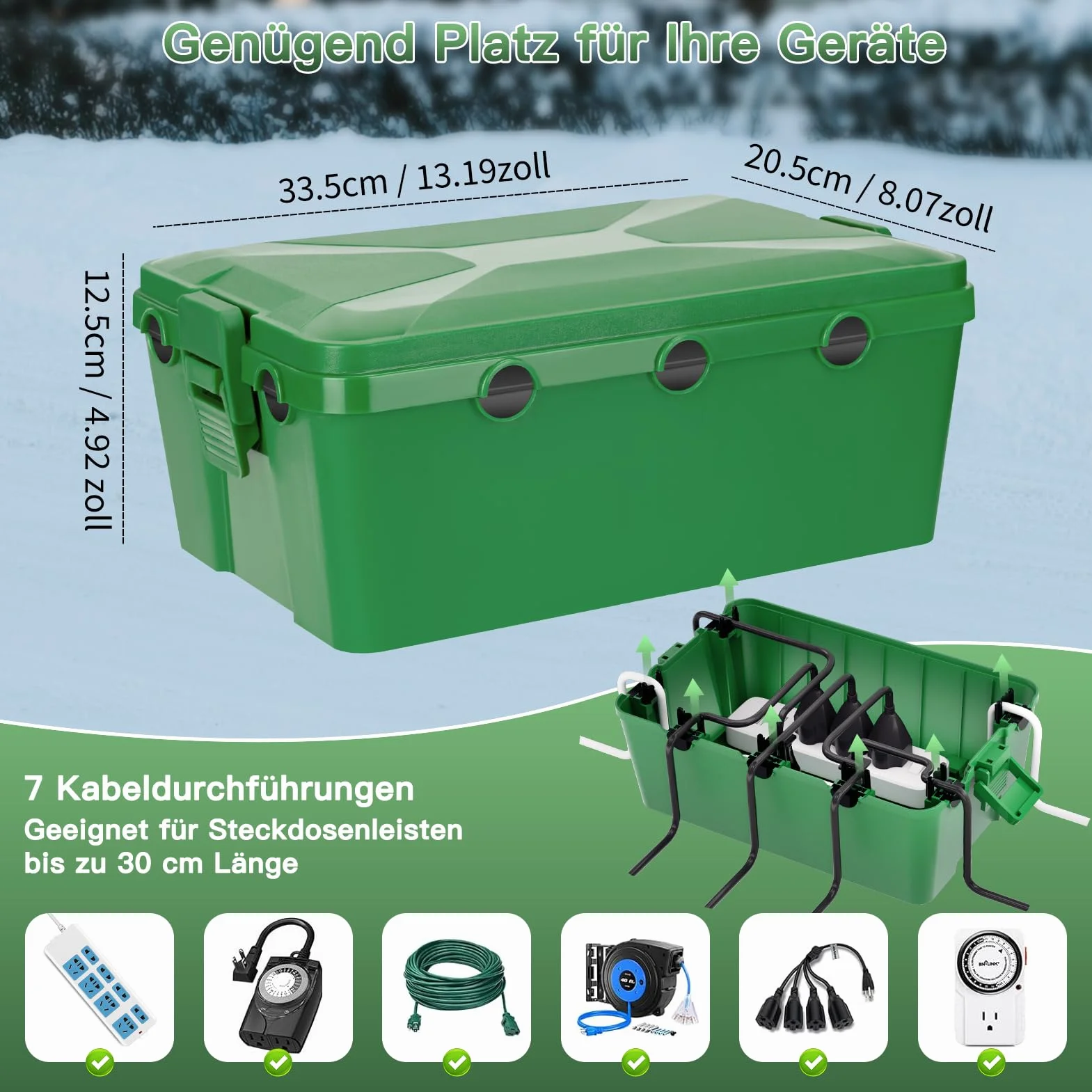 RISEMART Duża skrzynka kablowa IP54 32x21x13 cm 7 wejść wyjść kablowych gniazdo timera polipropylen